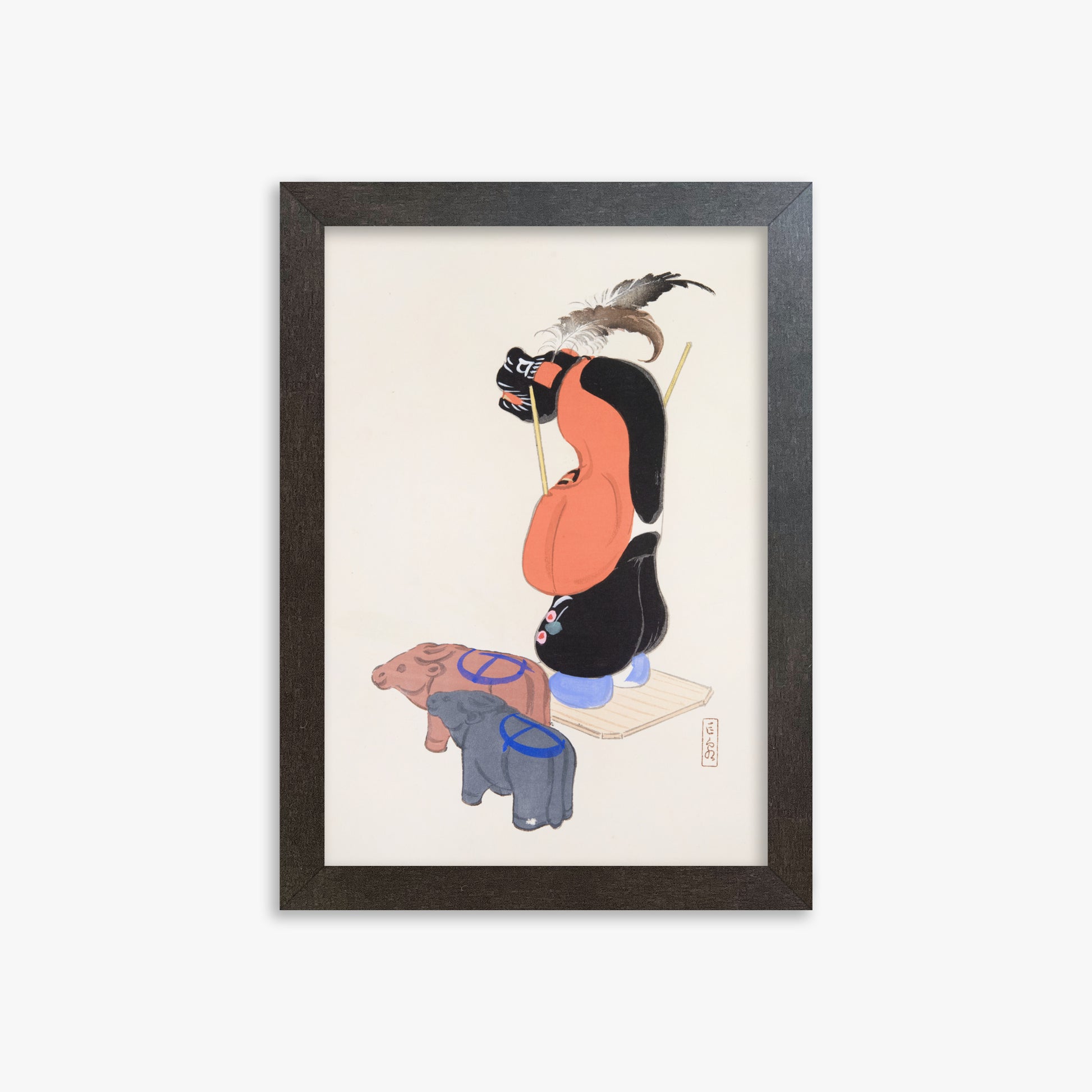 Kawasaki Kyosen: Kyosen’s Collected Illustrations of Japanese Toys Nr. 81 ("Ceremonial Guardian"), 21x30cm Framed Art Reproduction With Espresso Frame