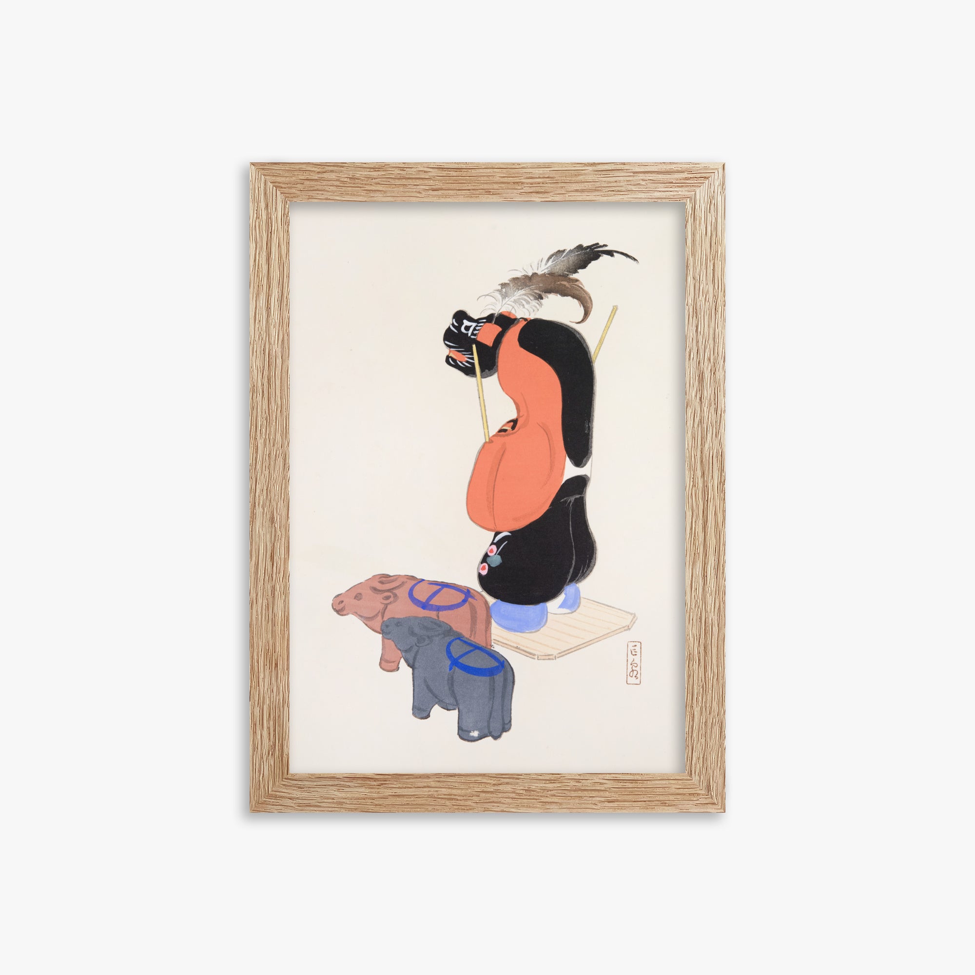 Kawasaki Kyosen: Kyosen’s Collected Illustrations of Japanese Toys Nr. 81 ("Ceremonial Guardian"), 21x30cm Framed Art Reproduction With Raw Oak Frame