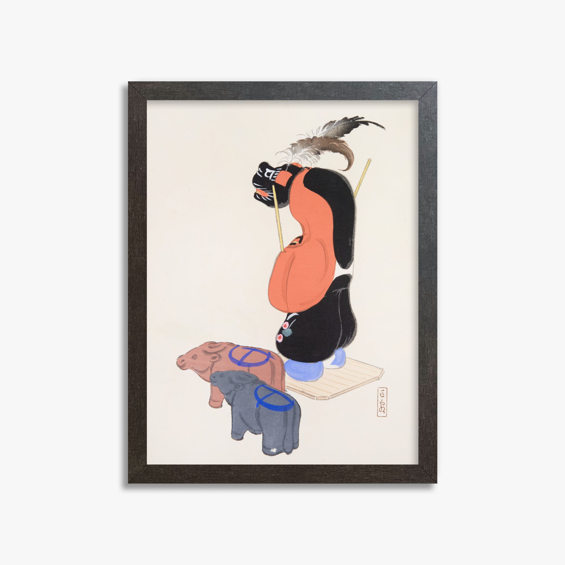 Kawasaki Kyosen: Kyosen’s Collected Illustrations of Japanese Toys Nr. 81 ("Ceremonial Guardian"), 30x40cm Framed Art Reproduction With Espresso Frame