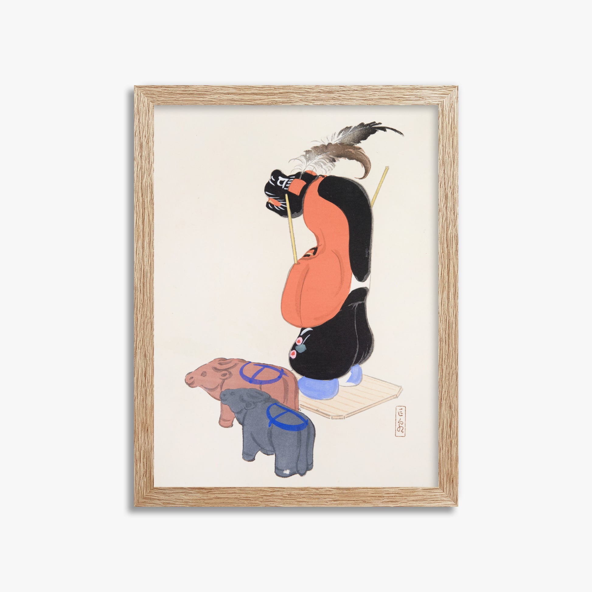 Kawasaki Kyosen: Kyosen’s Collected Illustrations of Japanese Toys Nr. 81 ("Ceremonial Guardian"), 30x40cm Framed Art Reproduction With Raw Oak Frame