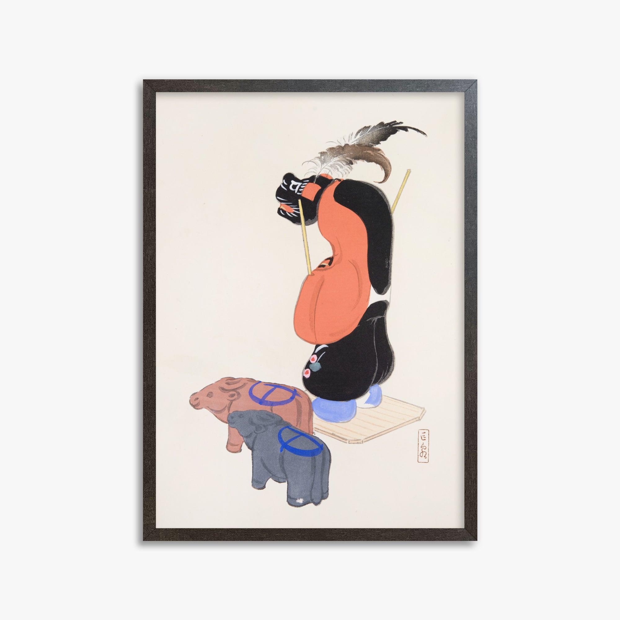 Kawasaki Kyosen: Kyosen’s Collected Illustrations of Japanese Toys Nr. 81 ("Ceremonial Guardian"), 50x70cm Framed Art Reproduction With Espresso Frame