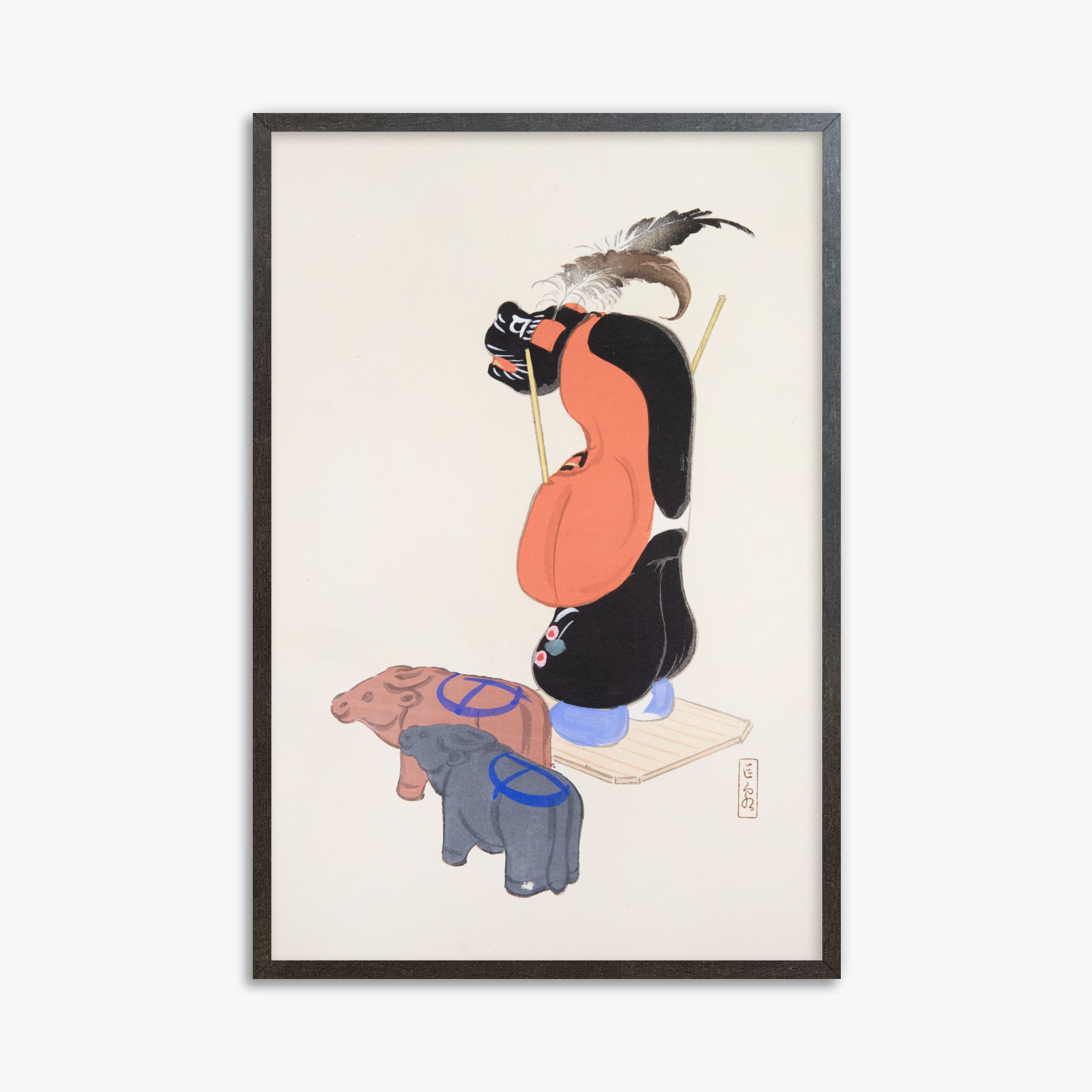 Kawasaki Kyosen: Kyosen’s Collected Illustrations of Japanese Toys Nr. 81 ("Ceremonial Guardian"), 61x91cm Framed Art Reproduction With Espresso Frame