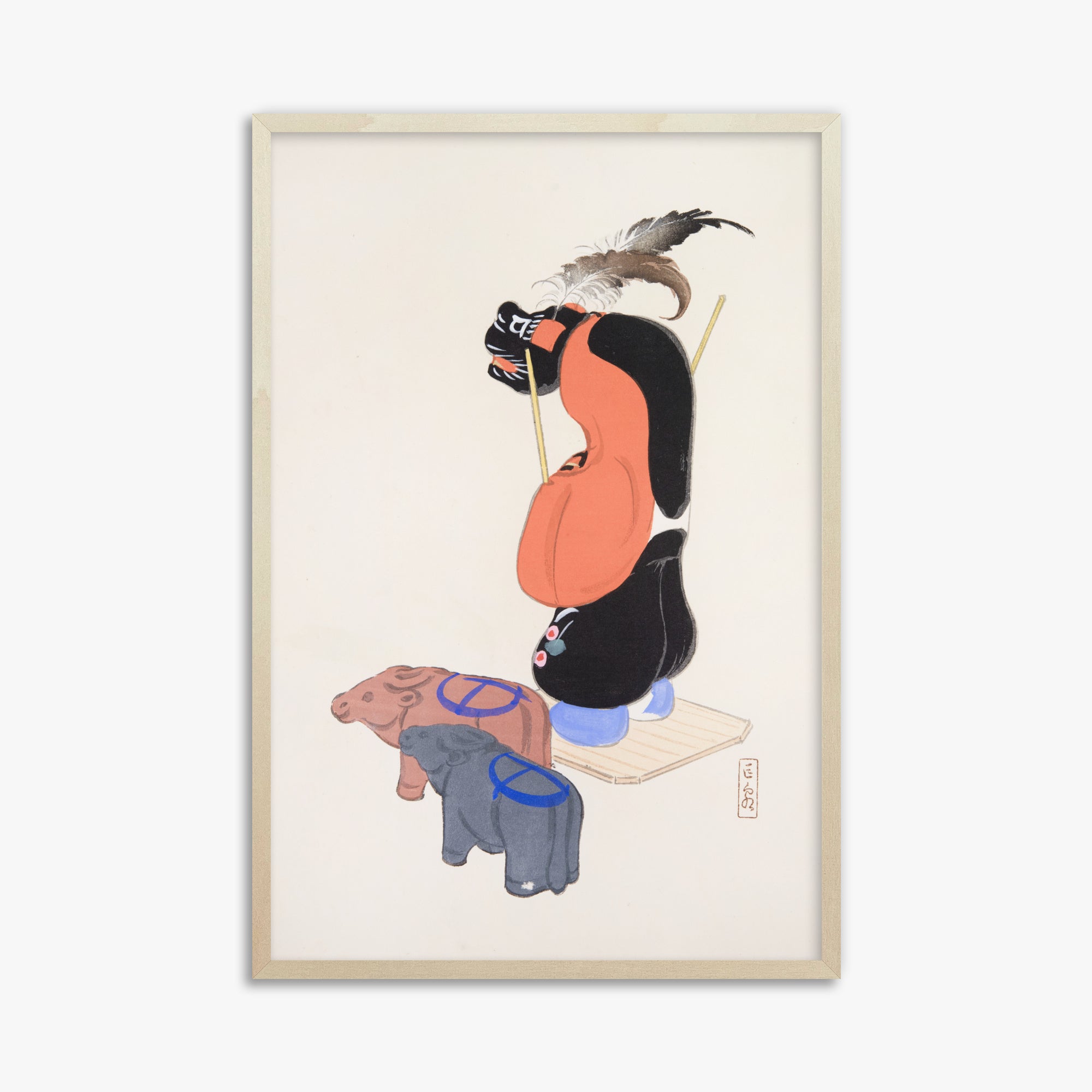 Kawasaki Kyosen: Kyosen’s Collected Illustrations of Japanese Toys Nr. 81 ("Ceremonial Guardian"), 61x91cm Framed Art Reproduction With Lime Wood Frame