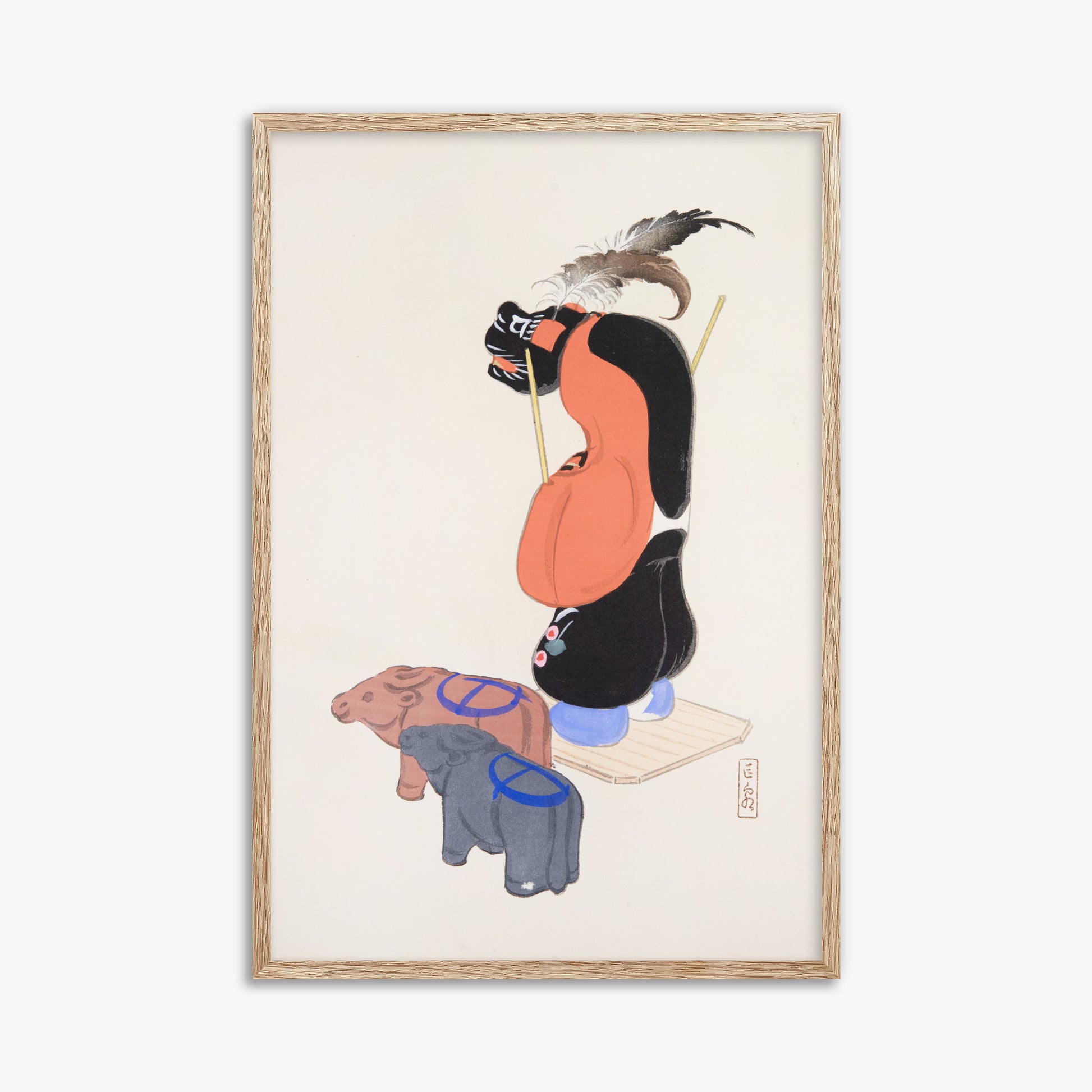 Kawasaki Kyosen: Kyosen’s Collected Illustrations of Japanese Toys Nr. 81 ("Ceremonial Guardian"), 61x91cm Framed Art Reproduction With Raw Oak Frame