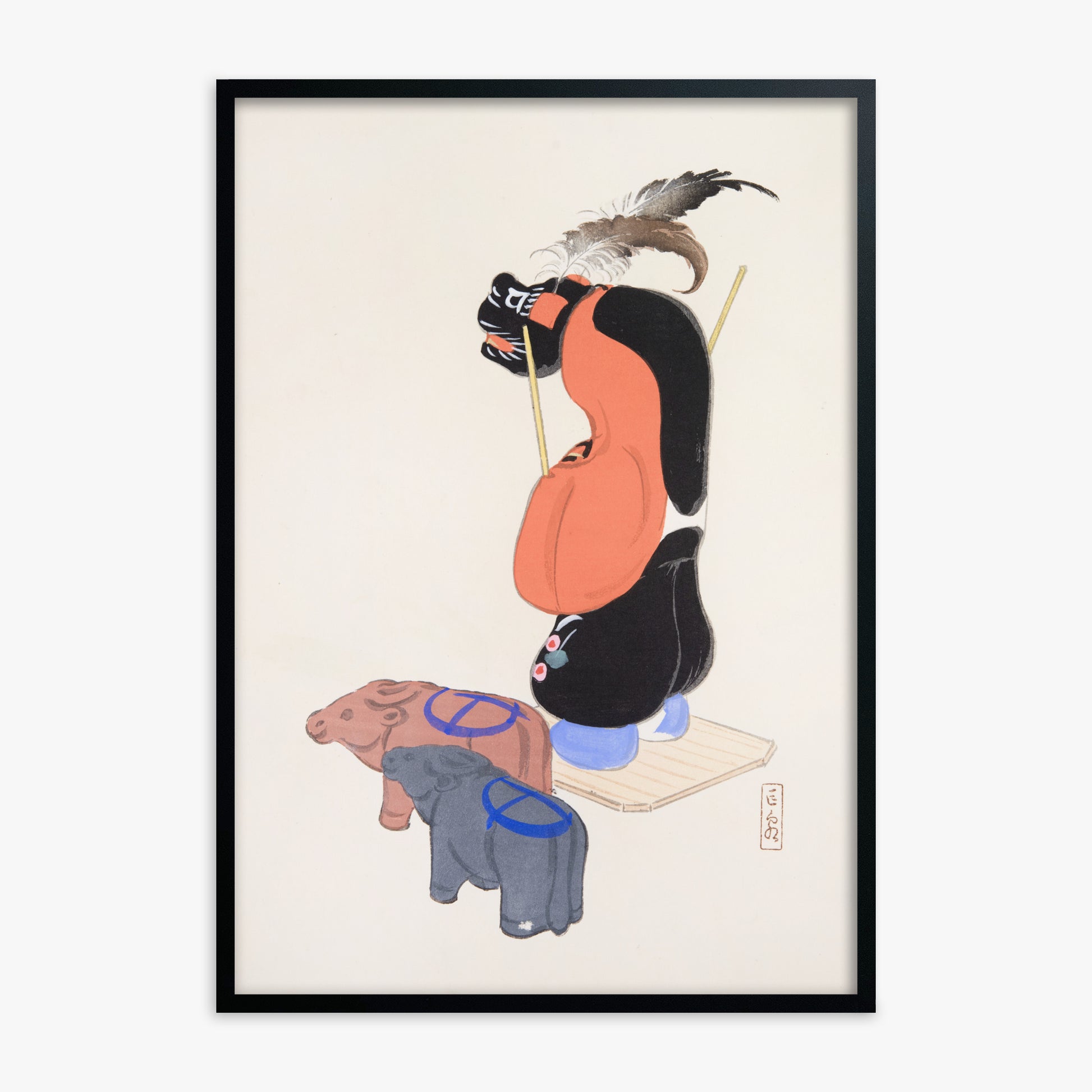 Kawasaki Kyosen: Kyosen’s Collected Illustrations of Japanese Toys Nr. 81 ("Ceremonial Guardian"), Black Framed Art Reproduction With Black Frame