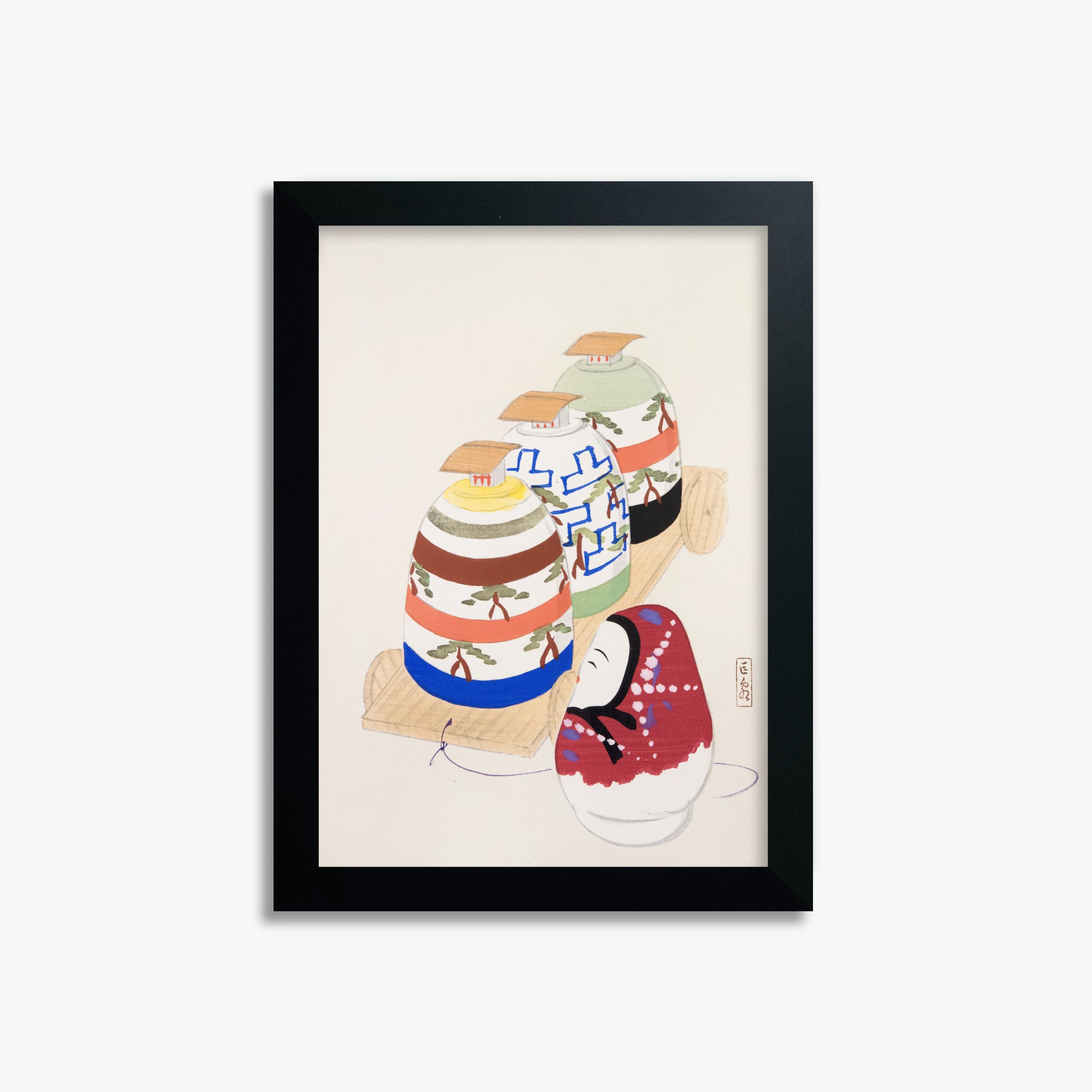Kawasaki Kyosen: Kyosen’s Collected Illustrations of Japanese Toys Nr. 83 ("Oriental Pottery Collection"), 21x30cm Framed Art Reproduction With Black Frame