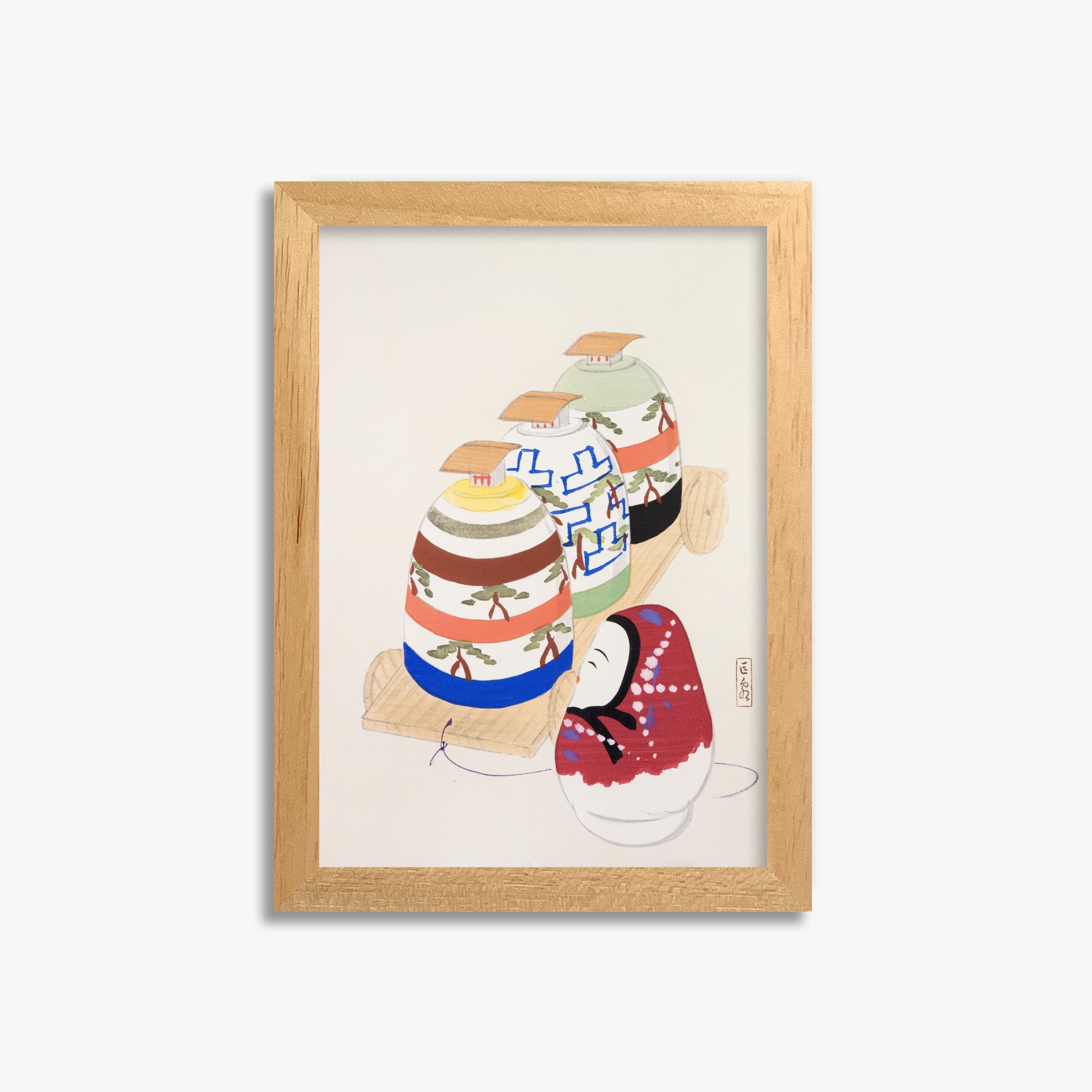 Kawasaki Kyosen: Kyosen’s Collected Illustrations of Japanese Toys Nr. 83 ("Oriental Pottery Collection"), 21x30cm Framed Art Reproduction With Oak Frame