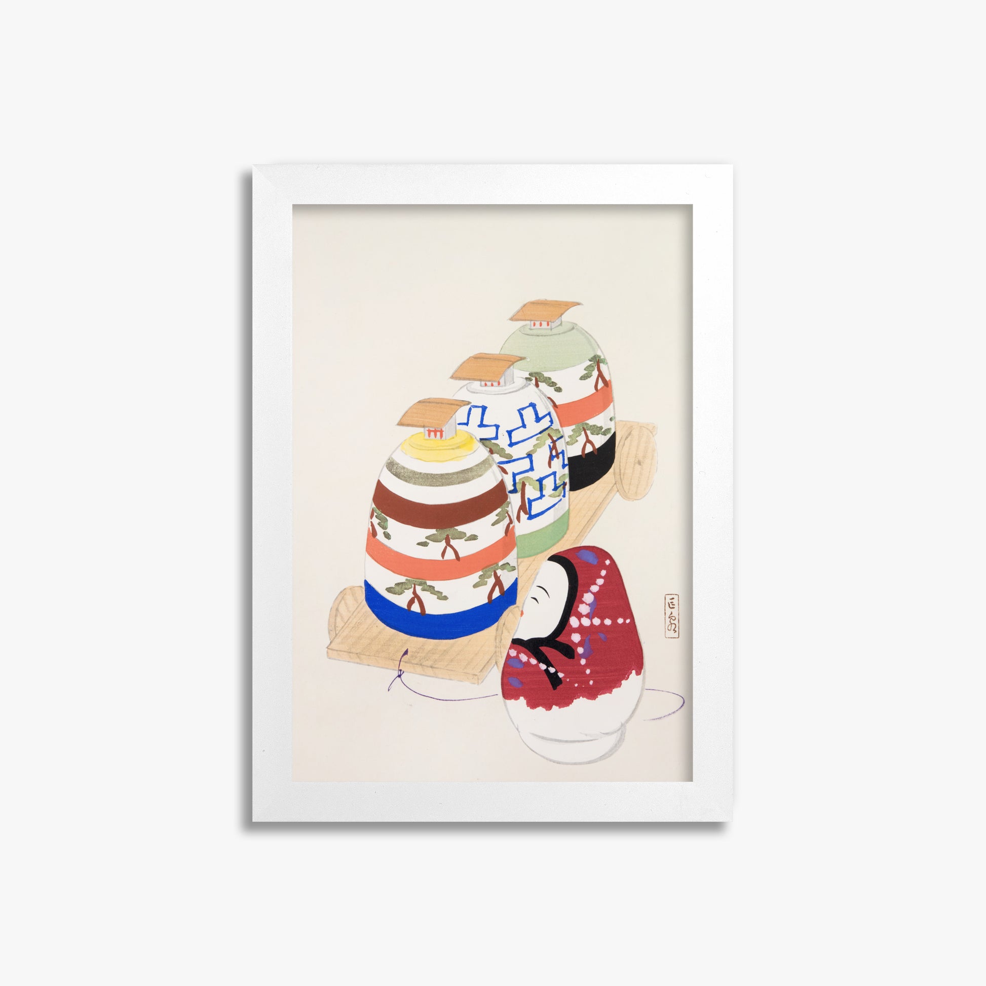 Kawasaki Kyosen: Kyosen’s Collected Illustrations of Japanese Toys Nr. 83 ("Oriental Pottery Collection"), 21x30cm Framed Art Reproduction With White Frame