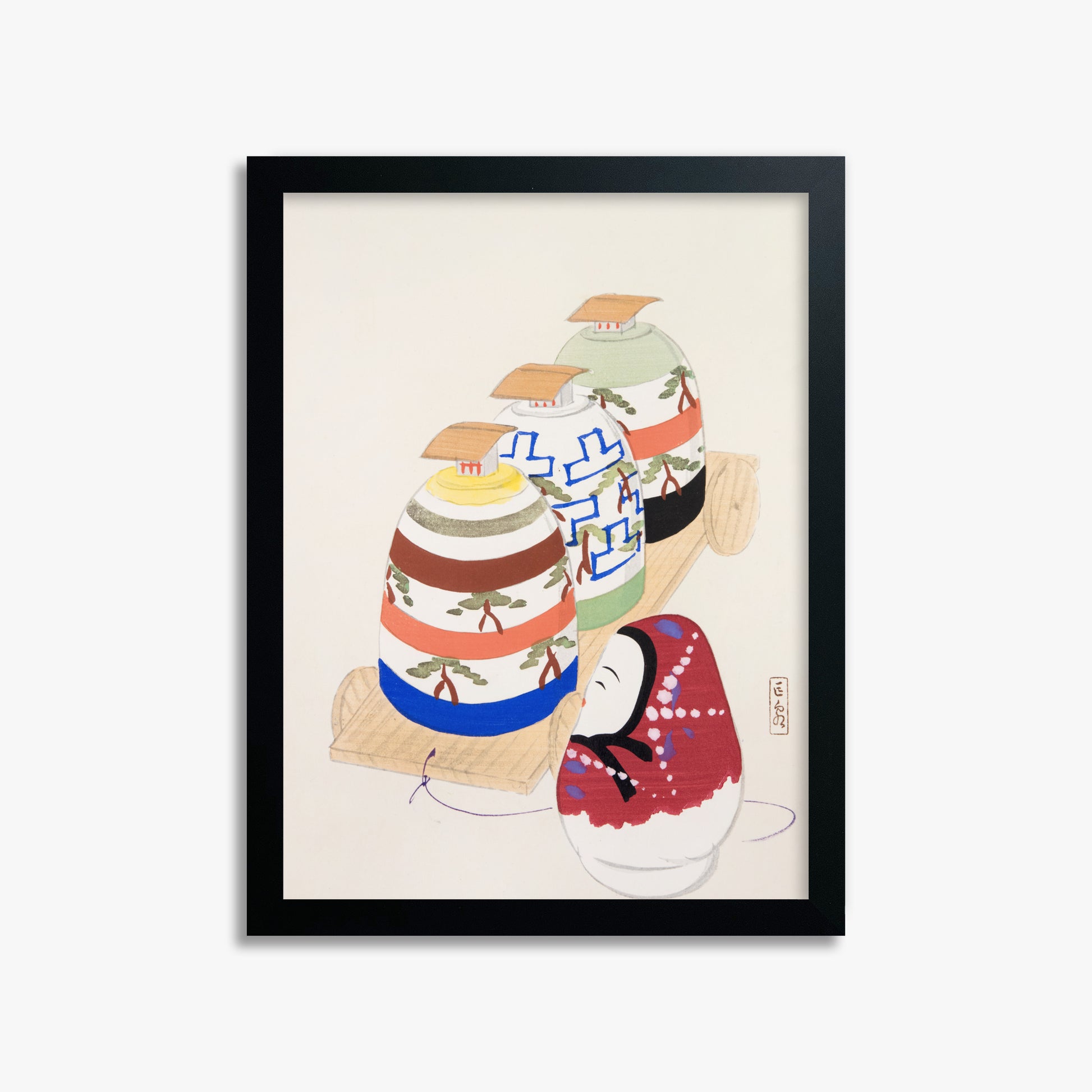 Kawasaki Kyosen: Kyosen’s Collected Illustrations of Japanese Toys Nr. 83 ("Oriental Pottery Collection"), 30x40cm Framed Art Reproduction With Black Frame