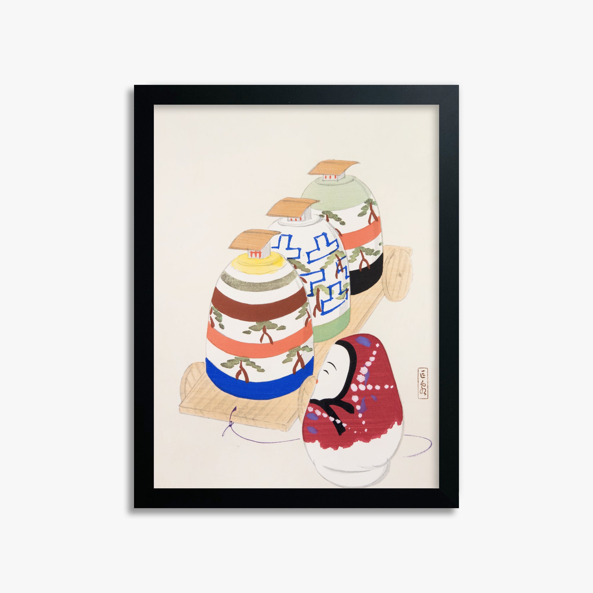 Kawasaki Kyosen: Kyosen’s Collected Illustrations of Japanese Toys Nr. 83 ("Oriental Pottery Collection"), 30x40cm Framed Art Reproduction With Black Frame