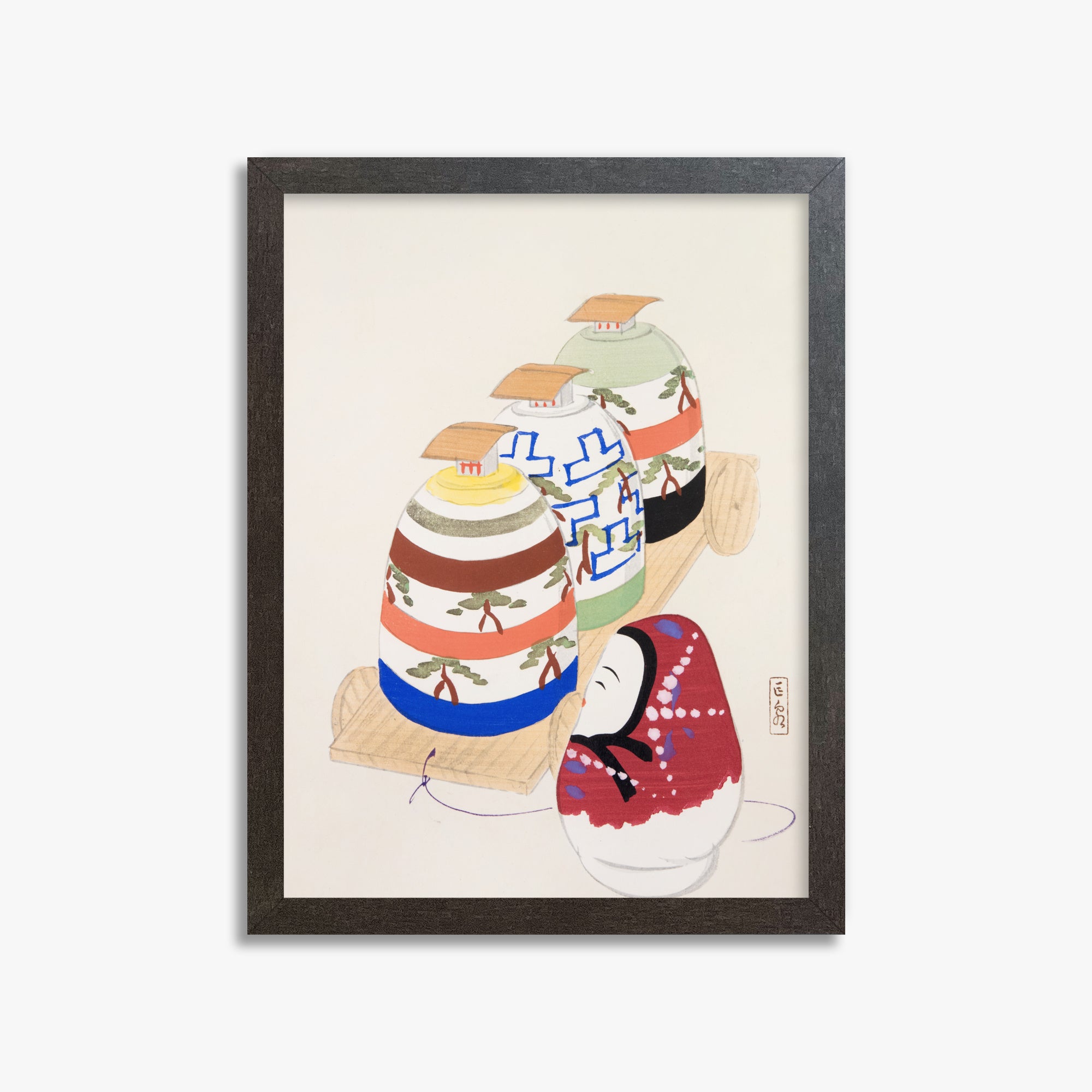 Kawasaki Kyosen: Kyosen’s Collected Illustrations of Japanese Toys Nr. 83 ("Oriental Pottery Collection"), 30x40cm Framed Art Reproduction With Espresso Frame