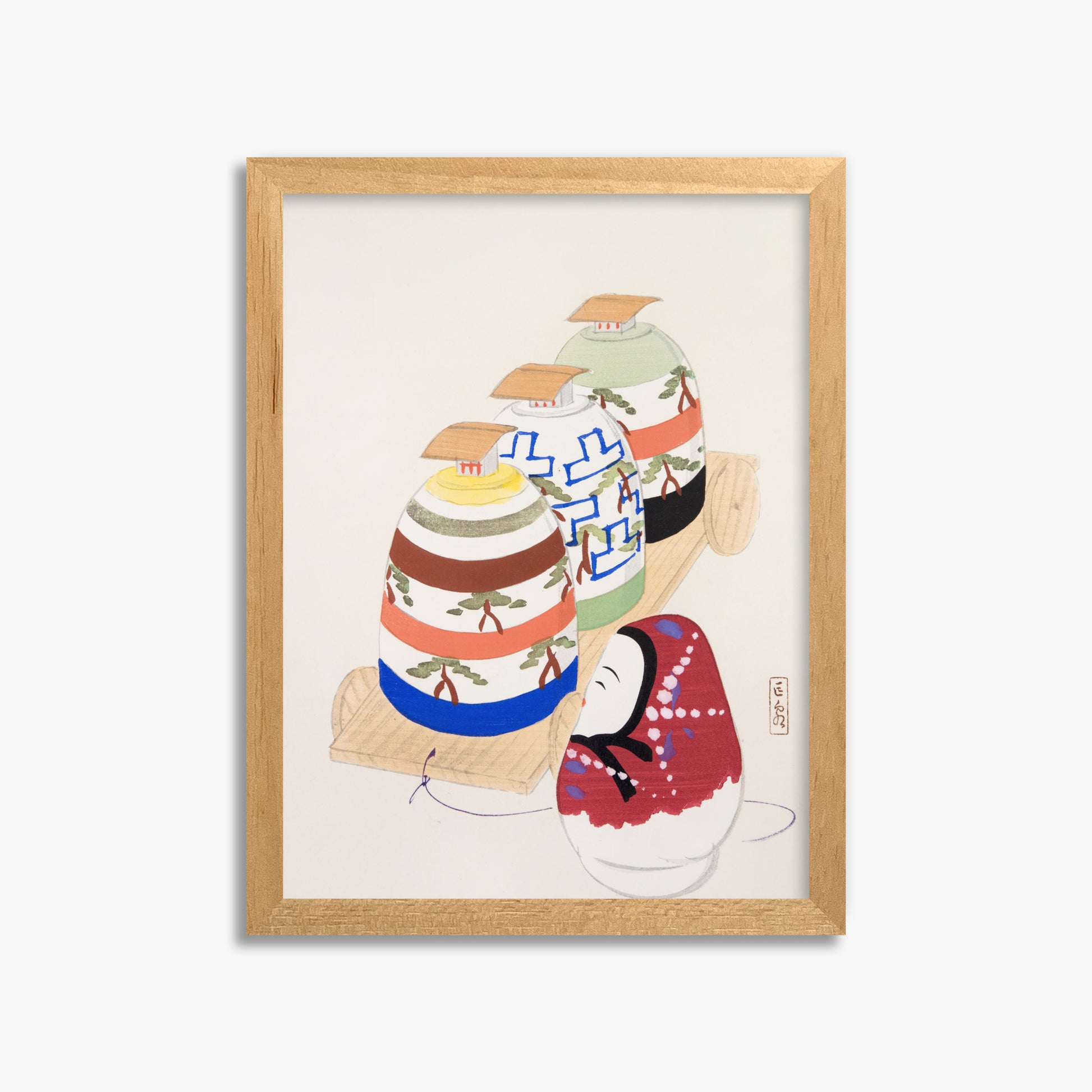 Kawasaki Kyosen: Kyosen’s Collected Illustrations of Japanese Toys Nr. 83 ("Oriental Pottery Collection"), 30x40cm Framed Art Reproduction With Oak Frame
