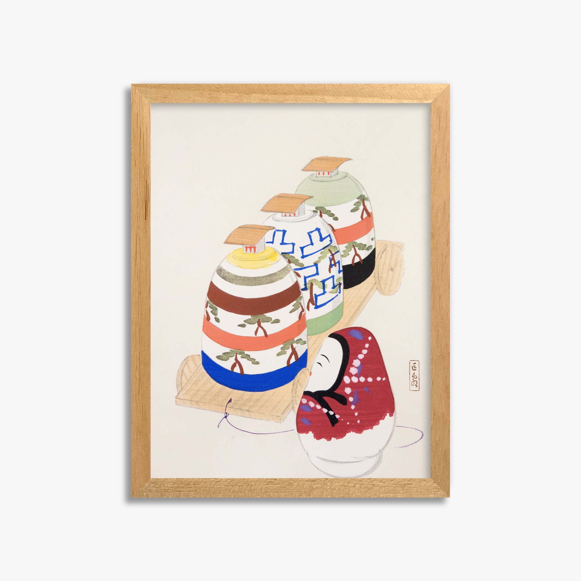 Kawasaki Kyosen: Kyosen’s Collected Illustrations of Japanese Toys Nr. 83 ("Oriental Pottery Collection"), 30x40cm Framed Art Reproduction With Oak Frame