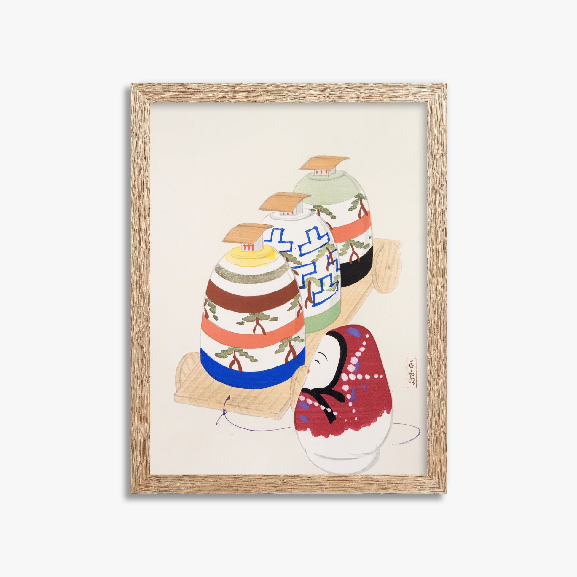 Kawasaki Kyosen: Kyosen’s Collected Illustrations of Japanese Toys Nr. 83 ("Oriental Pottery Collection"), 30x40cm Framed Art Reproduction With Raw Oak Frame