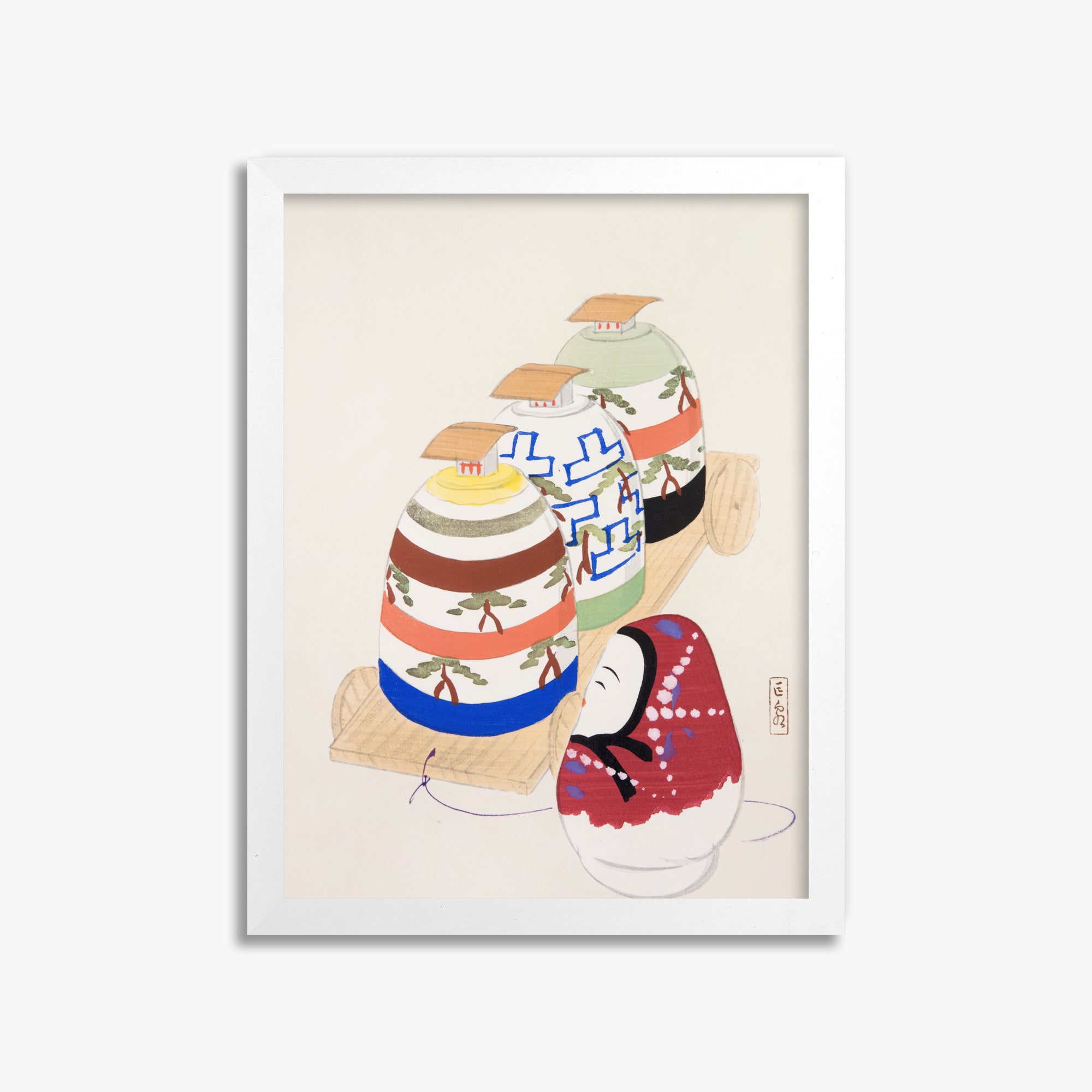 Kawasaki Kyosen: Kyosen’s Collected Illustrations of Japanese Toys Nr. 83 ("Oriental Pottery Collection"), 30x40cm Framed Art Reproduction With White Frame
