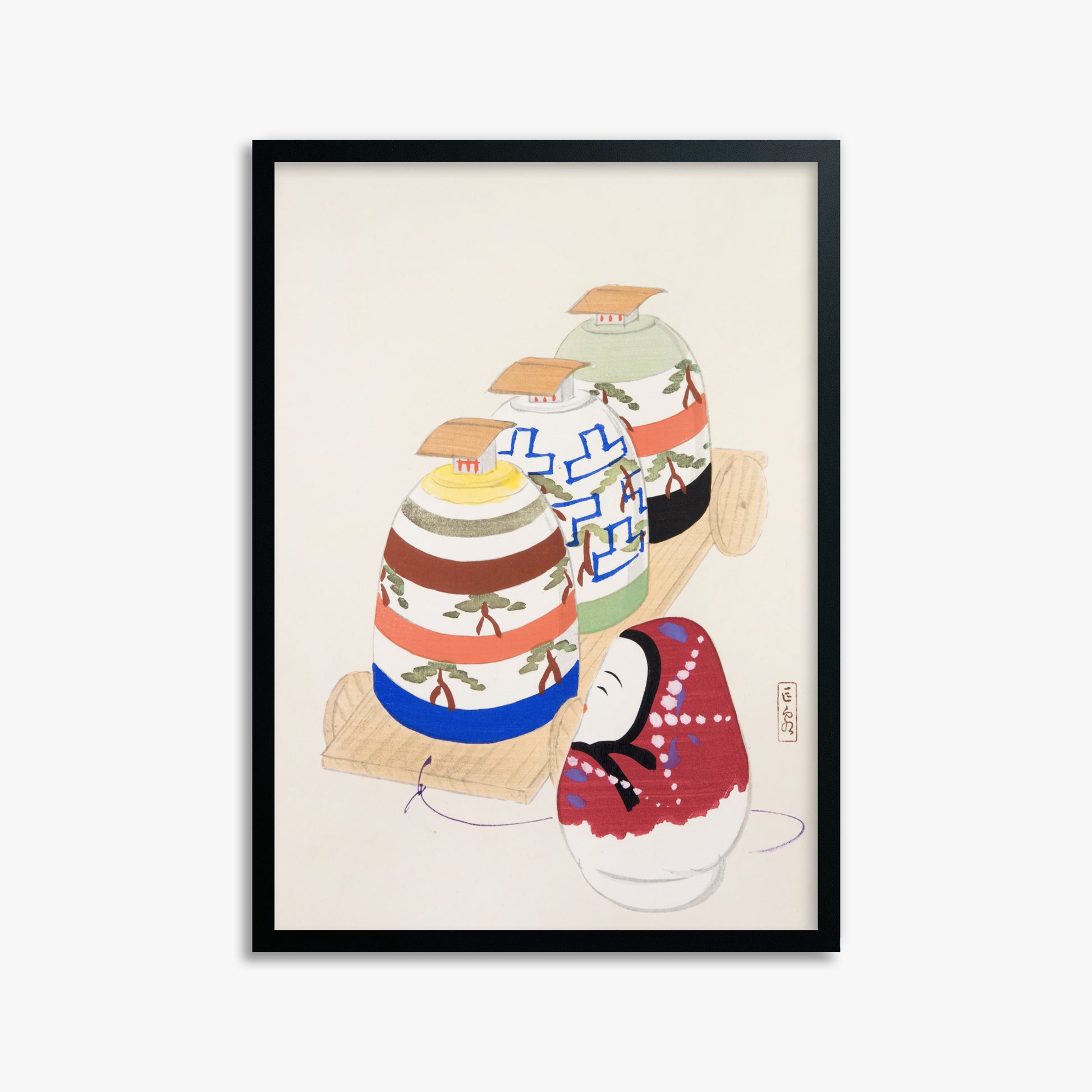 Kawasaki Kyosen: Kyosen’s Collected Illustrations of Japanese Toys Nr. 83 ("Oriental Pottery Collection"), 50x70cm Framed Art Reproduction With Black Frame