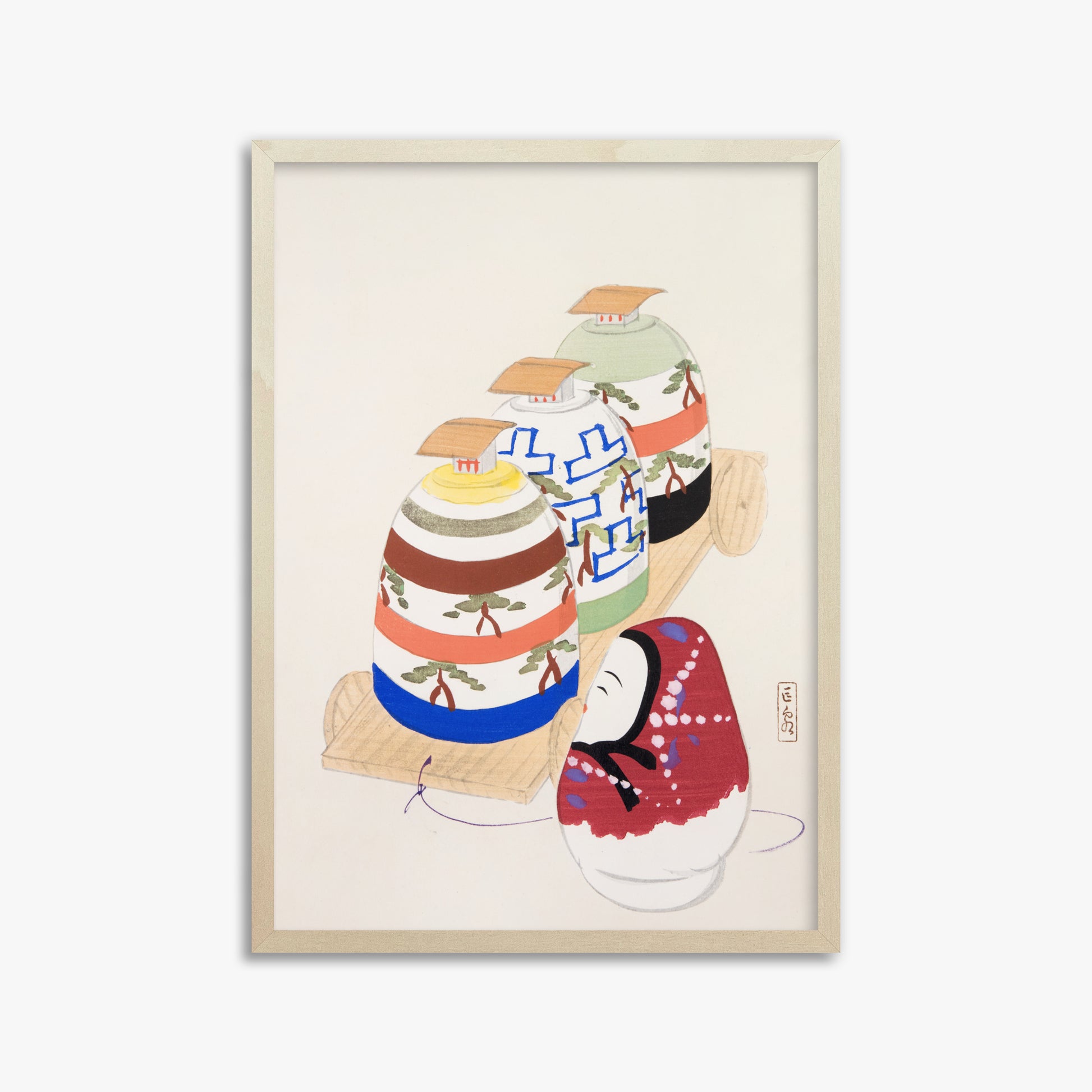 Kawasaki Kyosen: Kyosen’s Collected Illustrations of Japanese Toys Nr. 83 ("Oriental Pottery Collection"), 50x70cm Framed Art Reproduction With Lime Wood Frame