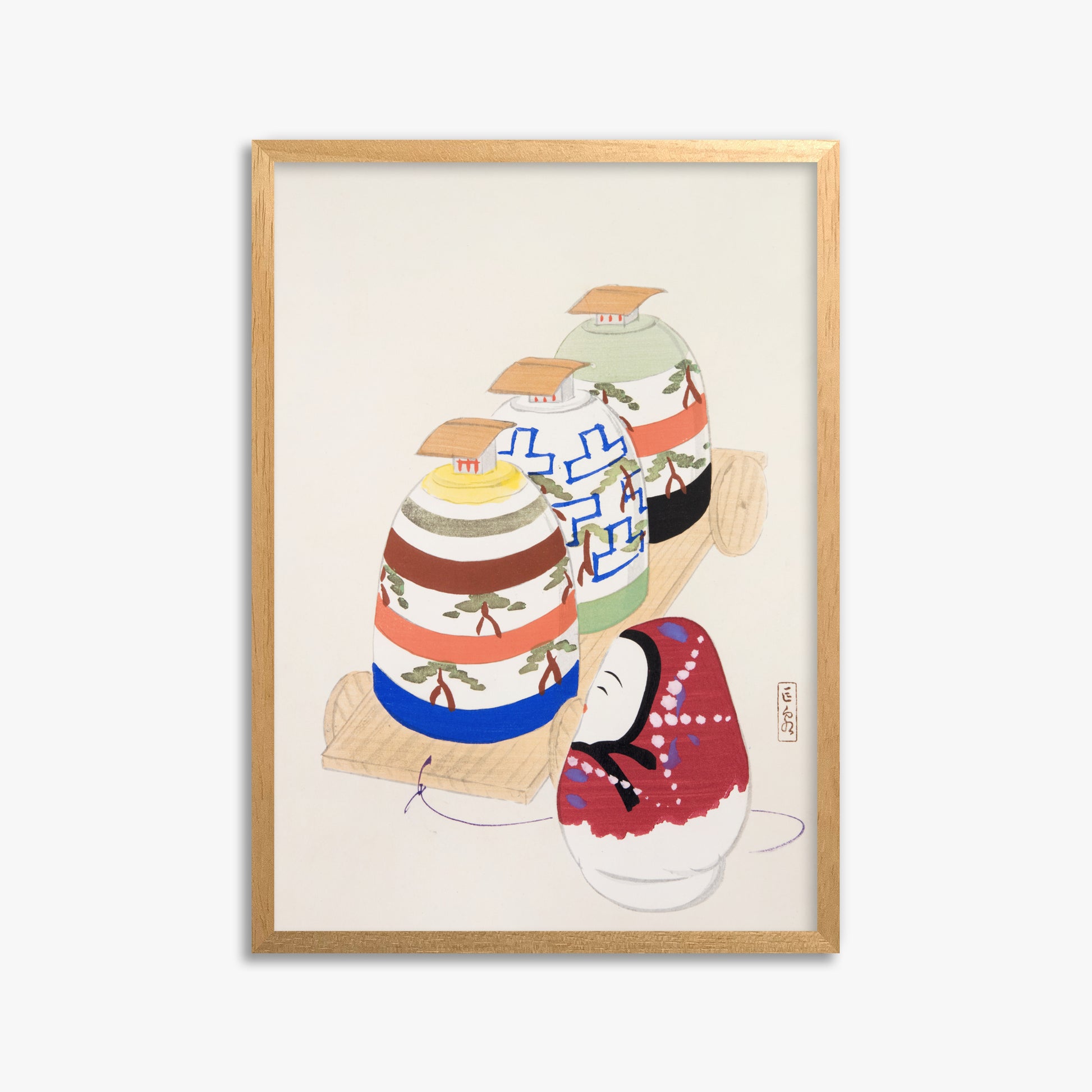 Kawasaki Kyosen: Kyosen’s Collected Illustrations of Japanese Toys Nr. 83 ("Oriental Pottery Collection"), 50x70cm Framed Art Reproduction With Oak Frame