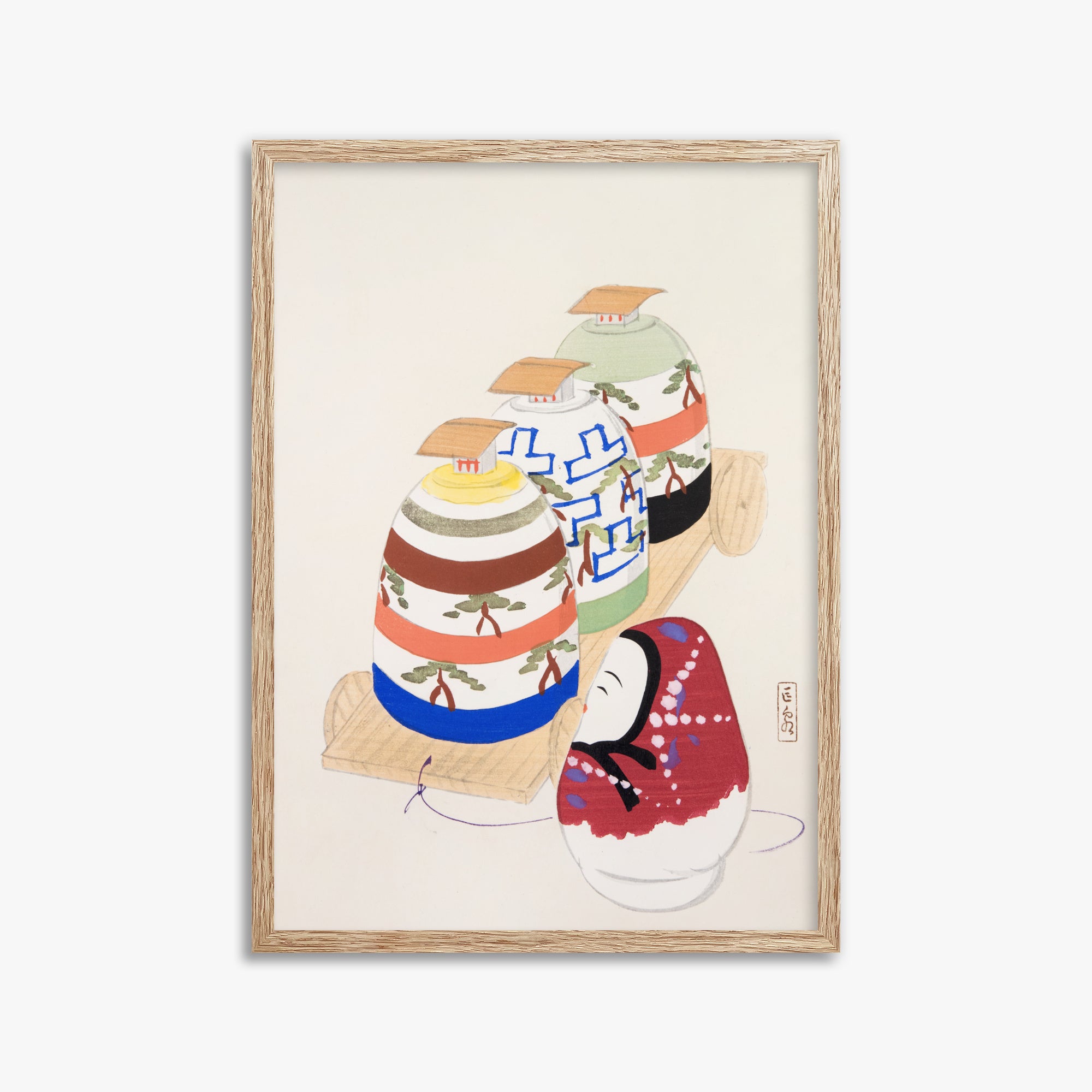 Kawasaki Kyosen: Kyosen’s Collected Illustrations of Japanese Toys Nr. 83 ("Oriental Pottery Collection"), 50x70cm Framed Art Reproduction With Raw Oak Frame