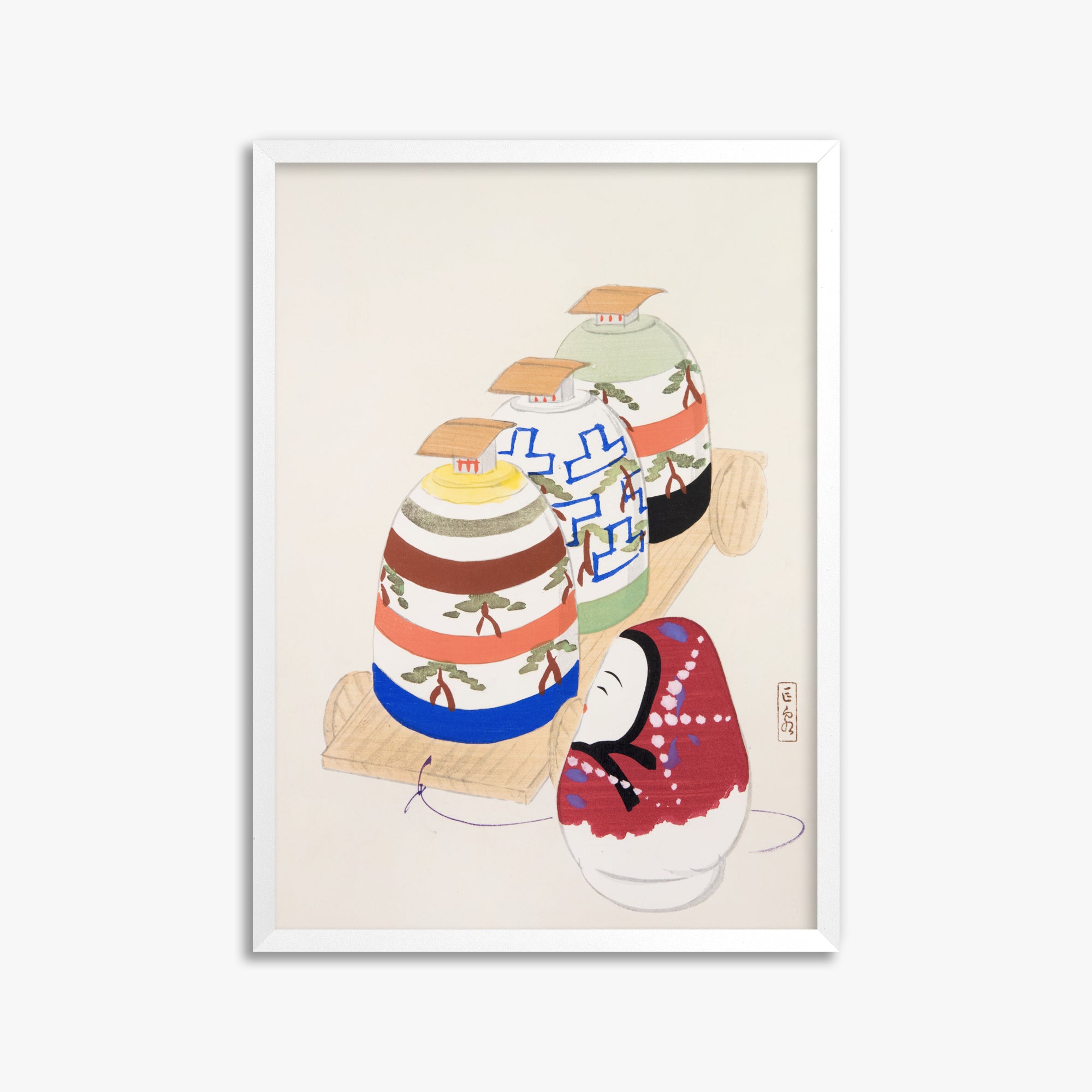 Kawasaki Kyosen: Kyosen’s Collected Illustrations of Japanese Toys Nr. 83 ("Oriental Pottery Collection"), 50x70cm Framed Art Reproduction With White Frame