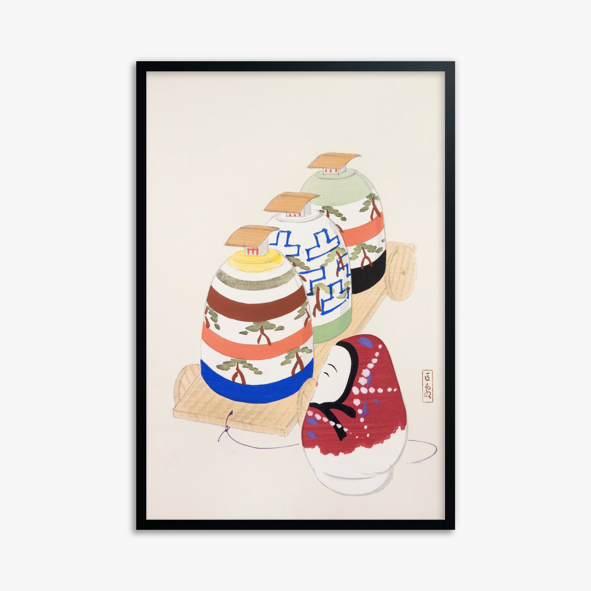 Kawasaki Kyosen: Kyosen’s Collected Illustrations of Japanese Toys Nr. 83 ("Oriental Pottery Collection"), 61x91cm Framed Art Reproduction With Black Frame