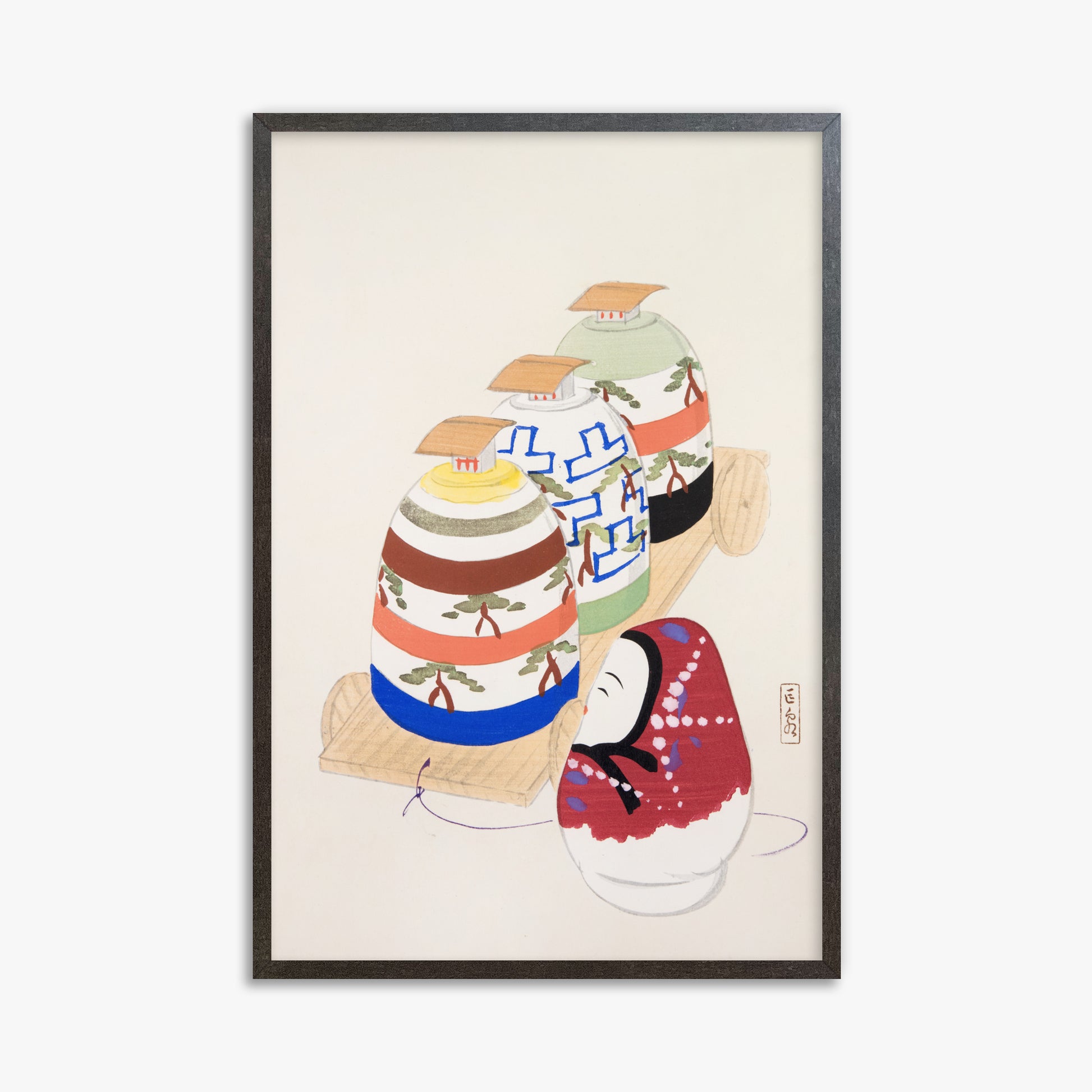 Kawasaki Kyosen: Kyosen’s Collected Illustrations of Japanese Toys Nr. 83 ("Oriental Pottery Collection"), 61x91cm Framed Art Reproduction With Espresso Frame