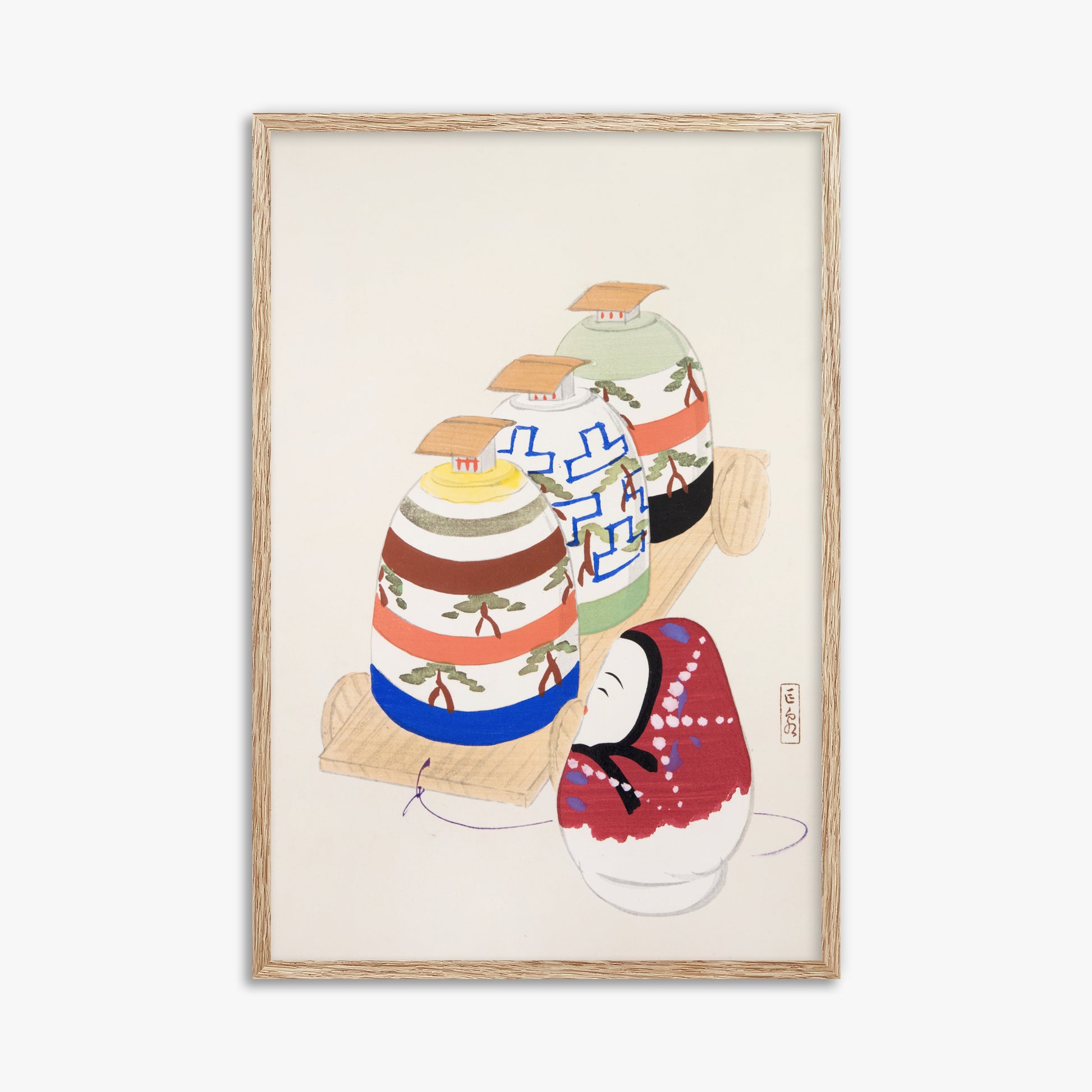 Kawasaki Kyosen: Kyosen’s Collected Illustrations of Japanese Toys Nr. 83 ("Oriental Pottery Collection"), 61x91cm Framed Art Reproduction With Raw Oak Frame