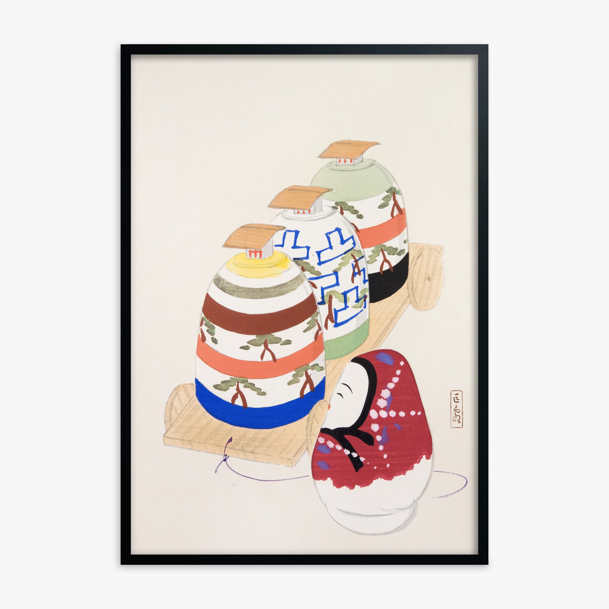 Kawasaki Kyosen: Kyosen’s Collected Illustrations of Japanese Toys Nr. 83 ("Oriental Pottery Collection"), Black Framed Art Reproduction With Black Frame