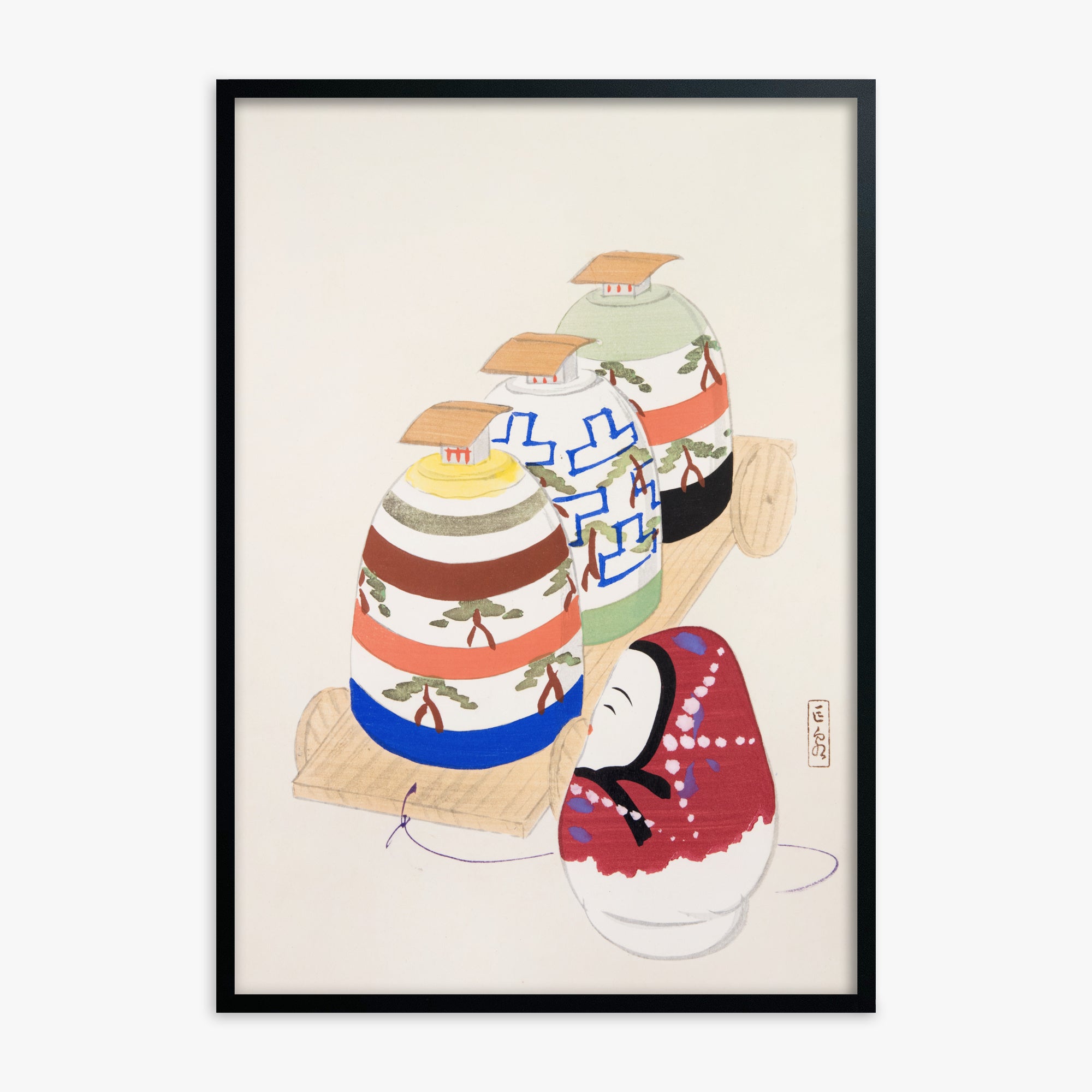 Kawasaki Kyosen: Kyosen’s Collected Illustrations of Japanese Toys Nr. 83 ("Oriental Pottery Collection"), Black Framed Art Reproduction With Black Frame