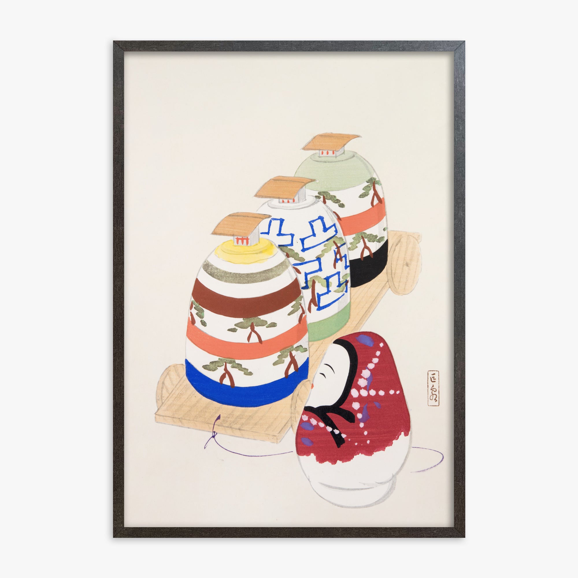 Kawasaki Kyosen: Kyosen’s Collected Illustrations of Japanese Toys Nr. 83 ("Oriental Pottery Collection"), 70x100cm Framed Art Reproduction With Espresso Frame