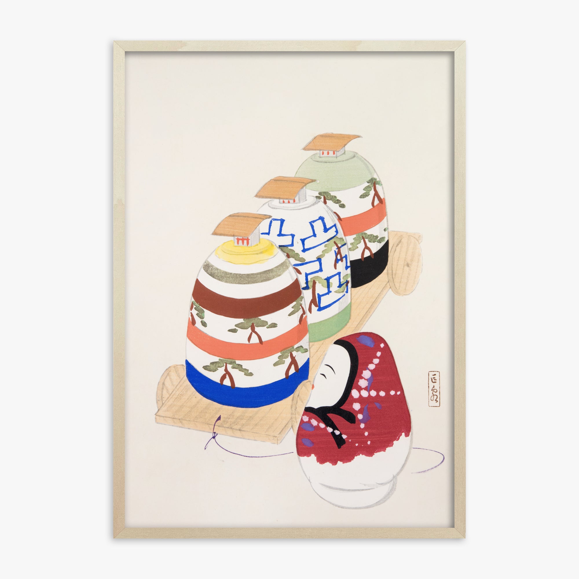 Kawasaki Kyosen: Kyosen’s Collected Illustrations of Japanese Toys Nr. 83 ("Oriental Pottery Collection"), 70x100cm Framed Art Reproduction With Lime Wood Frame