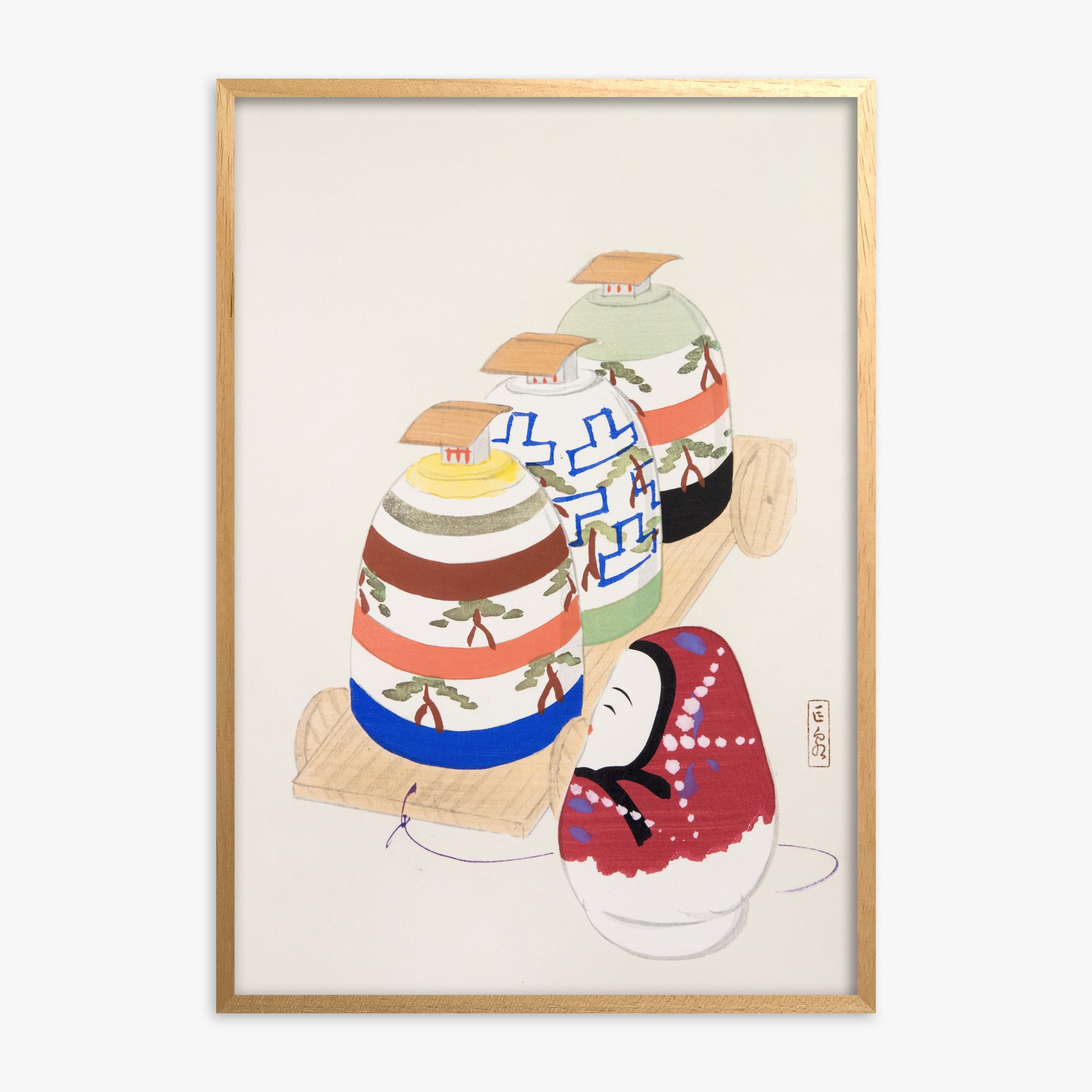 Kawasaki Kyosen: Kyosen’s Collected Illustrations of Japanese Toys Nr. 83 ("Oriental Pottery Collection"), Oak Framed Art Reproduction With Oak Frame