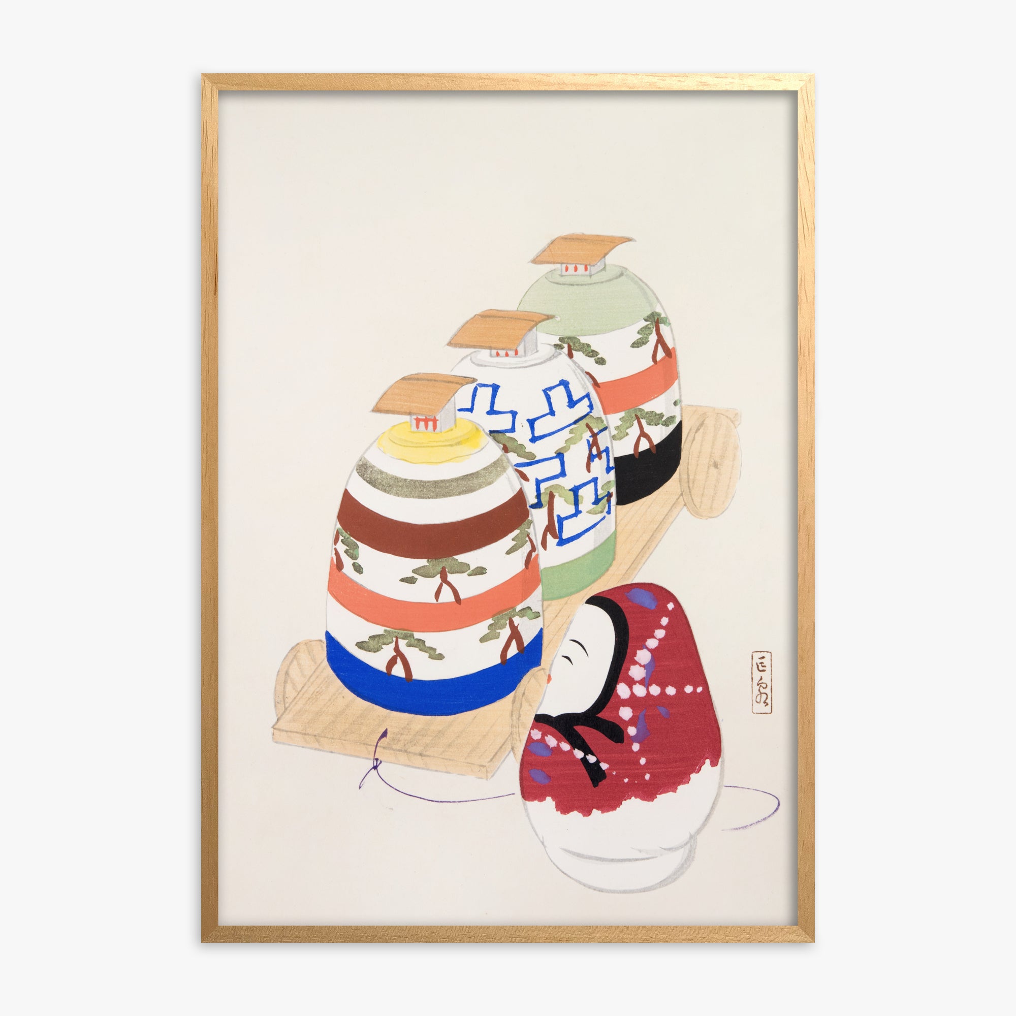 Kawasaki Kyosen: Kyosen’s Collected Illustrations of Japanese Toys Nr. 83 ("Oriental Pottery Collection"), Oak Framed Art Reproduction With Oak Frame