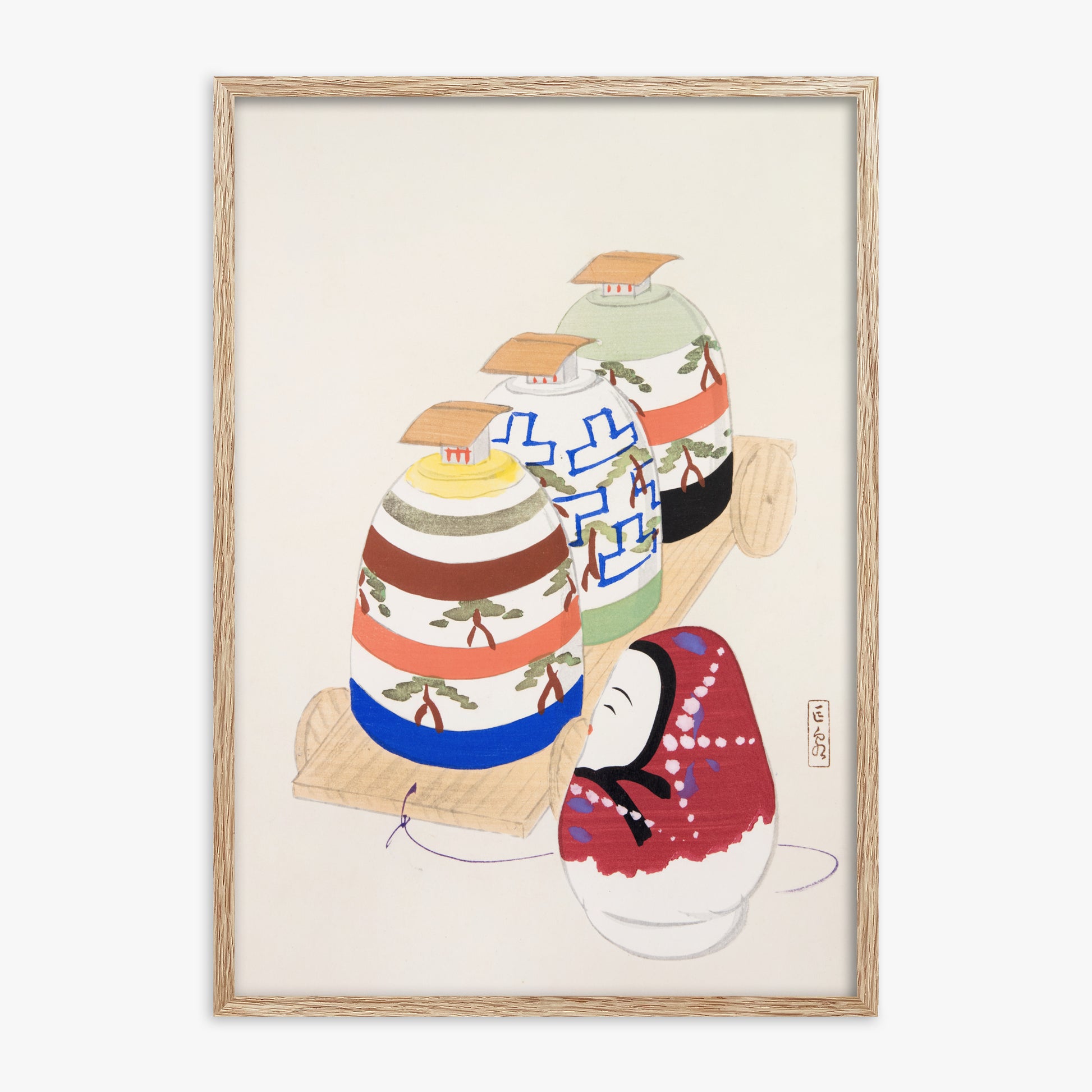 Kawasaki Kyosen: Kyosen’s Collected Illustrations of Japanese Toys Nr. 83 ("Oriental Pottery Collection"), 70x100cm Framed Art Reproduction With Raw Oak Frame