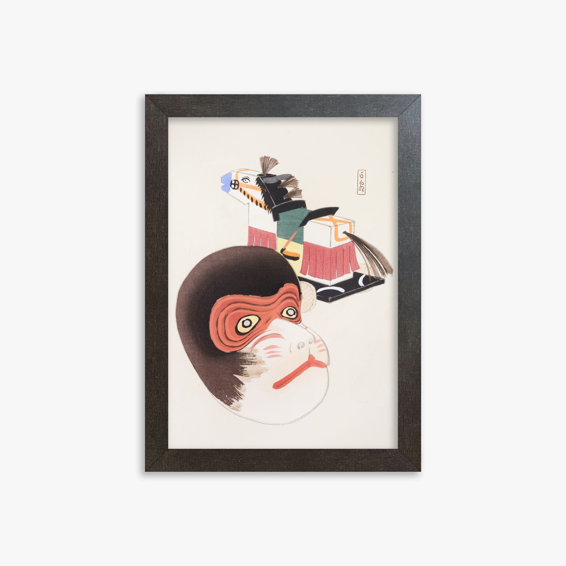 Kawasaki Kyosen: Kyosen’s Collected Illustrations of Japanese Toys Nr. 84 ("Monkey Mask & Steed Vintage Toys"), 21x30cm Framed Art Reproduction With Espresso Frame