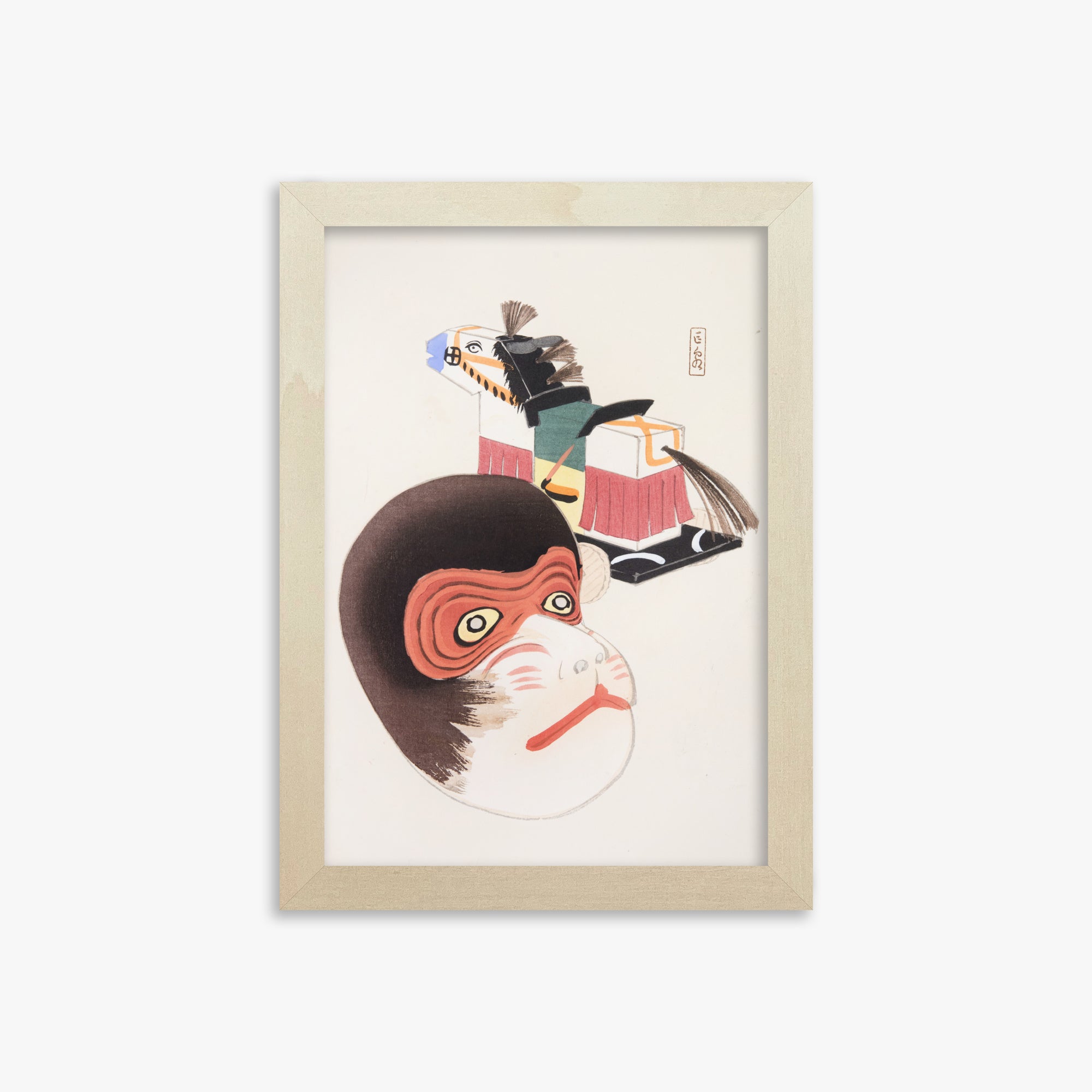 Kawasaki Kyosen: Kyosen’s Collected Illustrations of Japanese Toys Nr. 84 ("Monkey Mask & Steed Vintage Toys"), 21x30cm Framed Art Reproduction With Lime Wood Frame