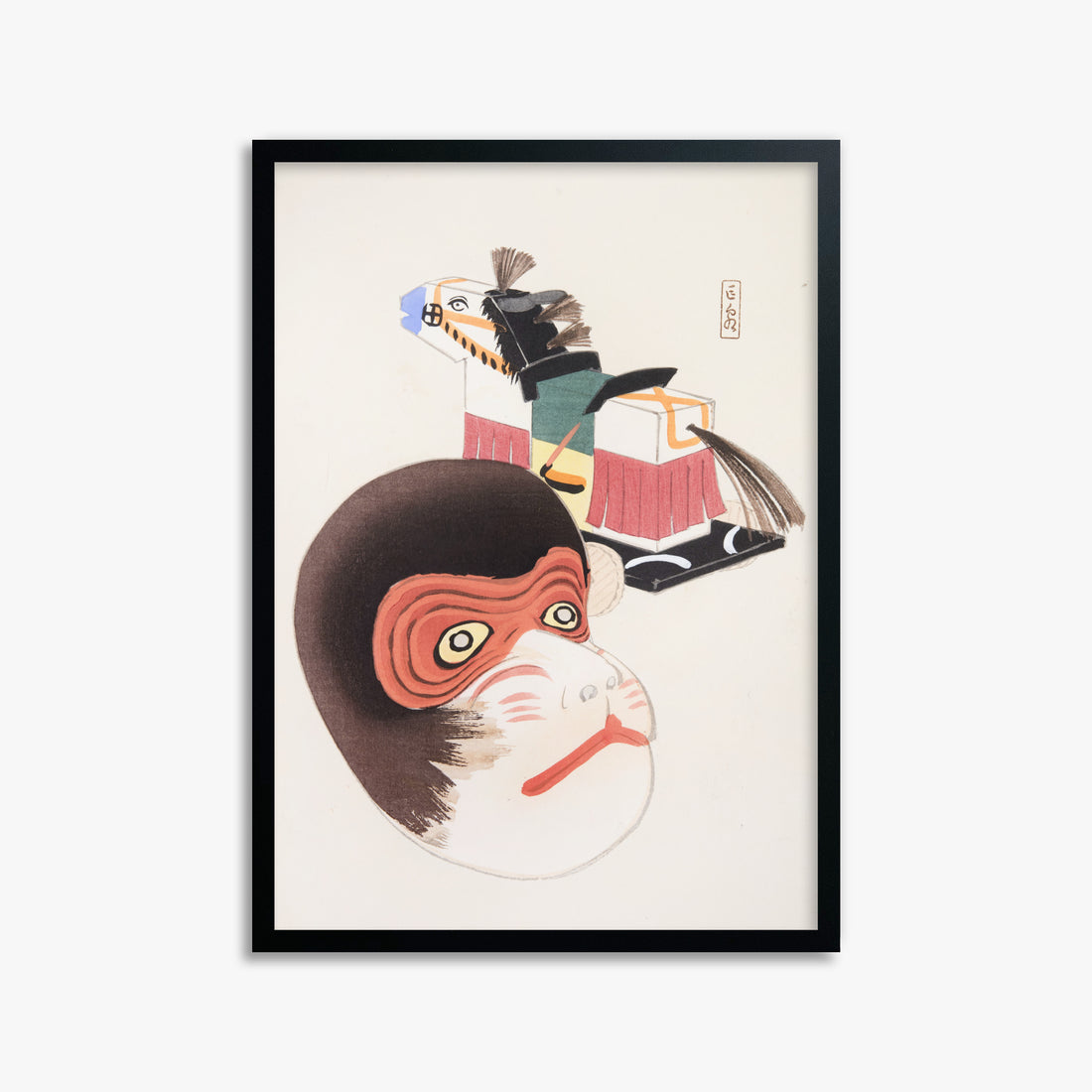 Kawasaki Kyosen: Kyosen’s Collected Illustrations of Japanese Toys Nr. 84 ("Monkey Mask & Steed Vintage Toys"), 50x70cm Framed Art Reproduction With Black Frame