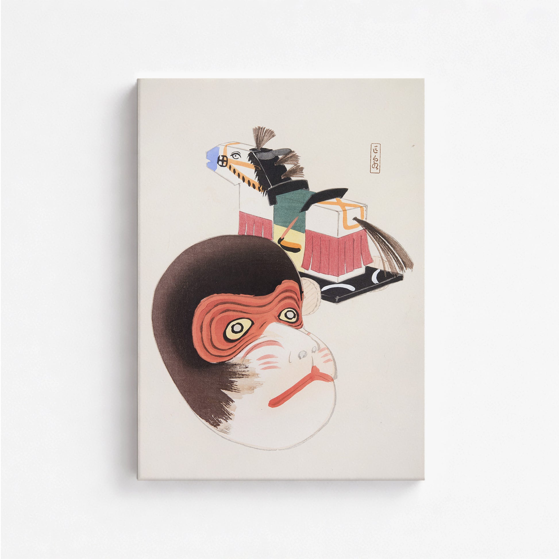 Kawasaki Kyosen: Kyosen’s Collected Illustrations of Japanese Toys Nr. 84 ("Monkey Mask & Steed Vintage Toys"), 50x70cm Satin Canvas Art Reproduction