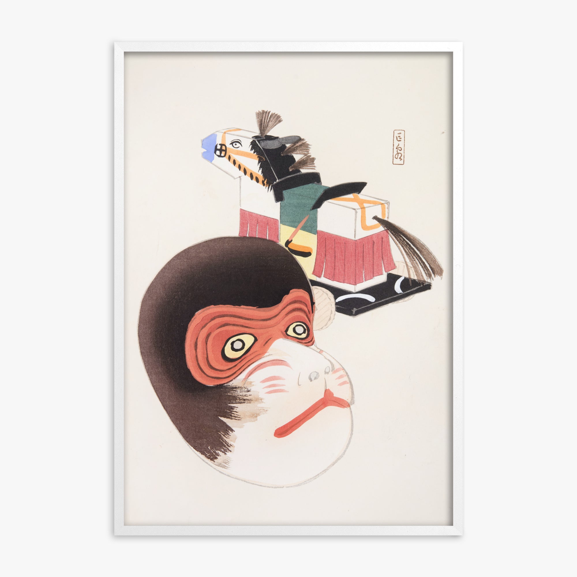 Kawasaki Kyosen: Kyosen’s Collected Illustrations of Japanese Toys Nr. 84 ("Monkey Mask & Steed Vintage Toys"), White Framed Art Reproduction With White Frame