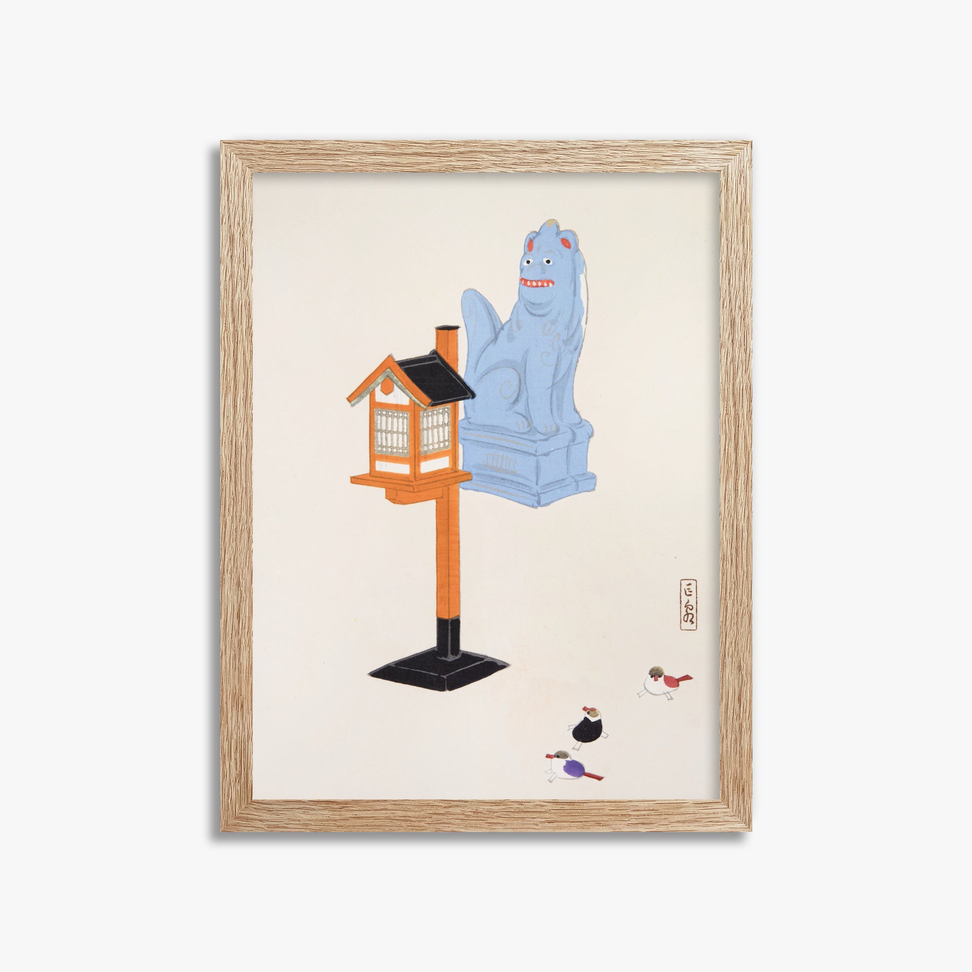 Kawasaki Kyosen: Kyosen’s Collected Illustrations of Japanese Toys Nr. 85 ("Guardian Spirit Vigil"), 30x40cm Framed Art Reproduction With Raw Oak Frame
