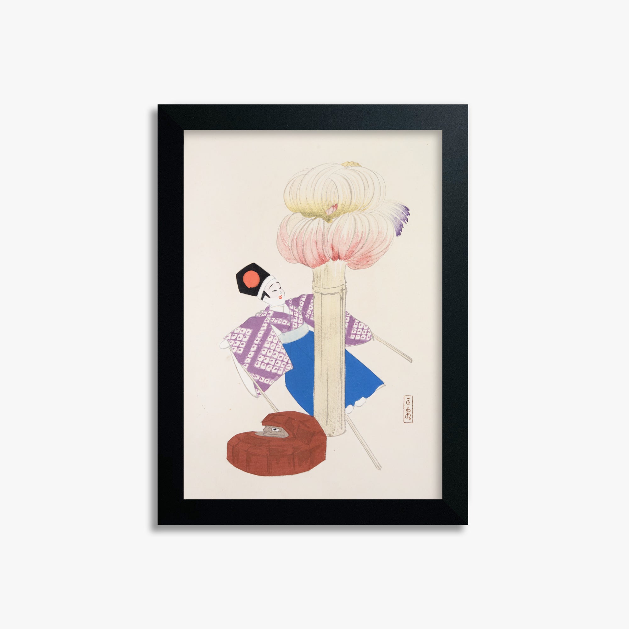 Kawasaki Kyosen: Kyosen’s Collected Illustrations of Japanese Toys Nr. 86 ("Kabuki Bloom"), 21x30cm Framed Art Reproduction With Black Frame