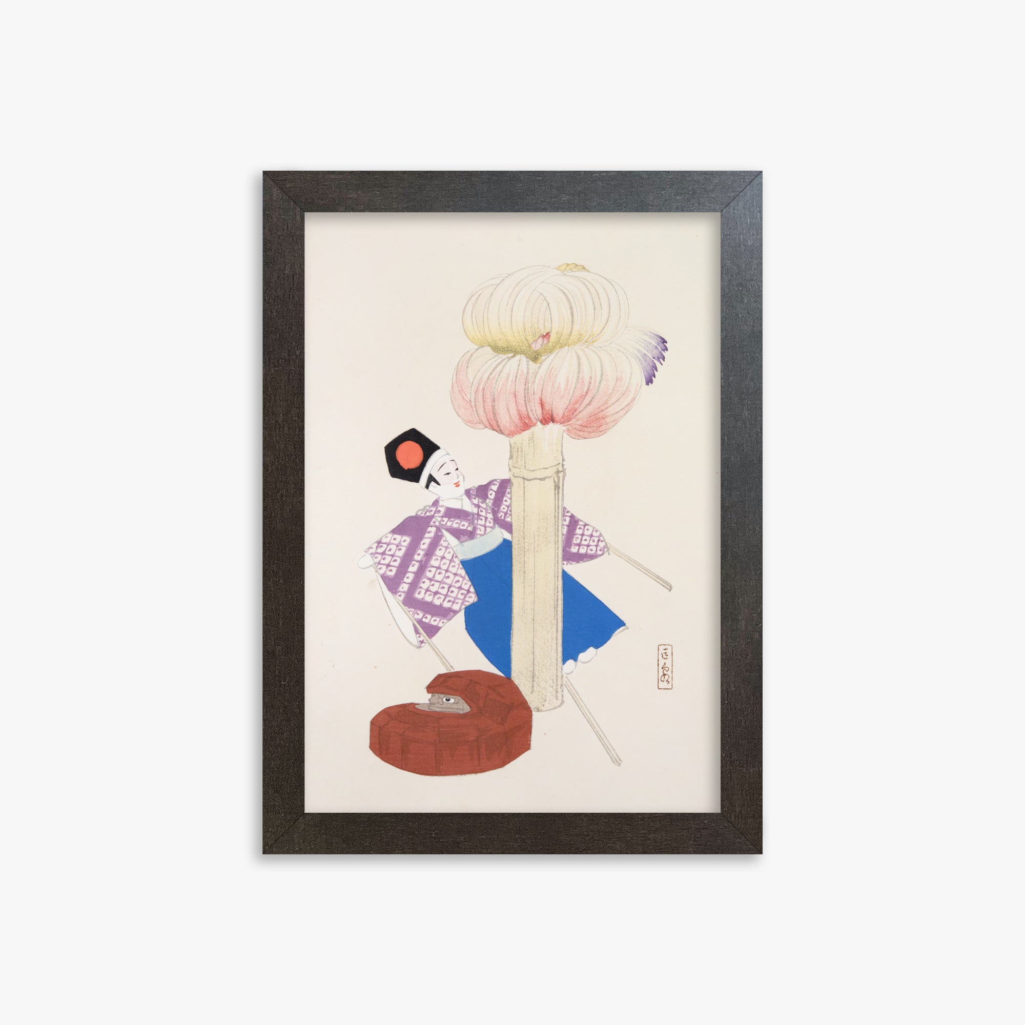 Kawasaki Kyosen: Kyosen’s Collected Illustrations of Japanese Toys Nr. 86 ("Kabuki Bloom"), 21x30cm Framed Art Reproduction With Espresso Frame