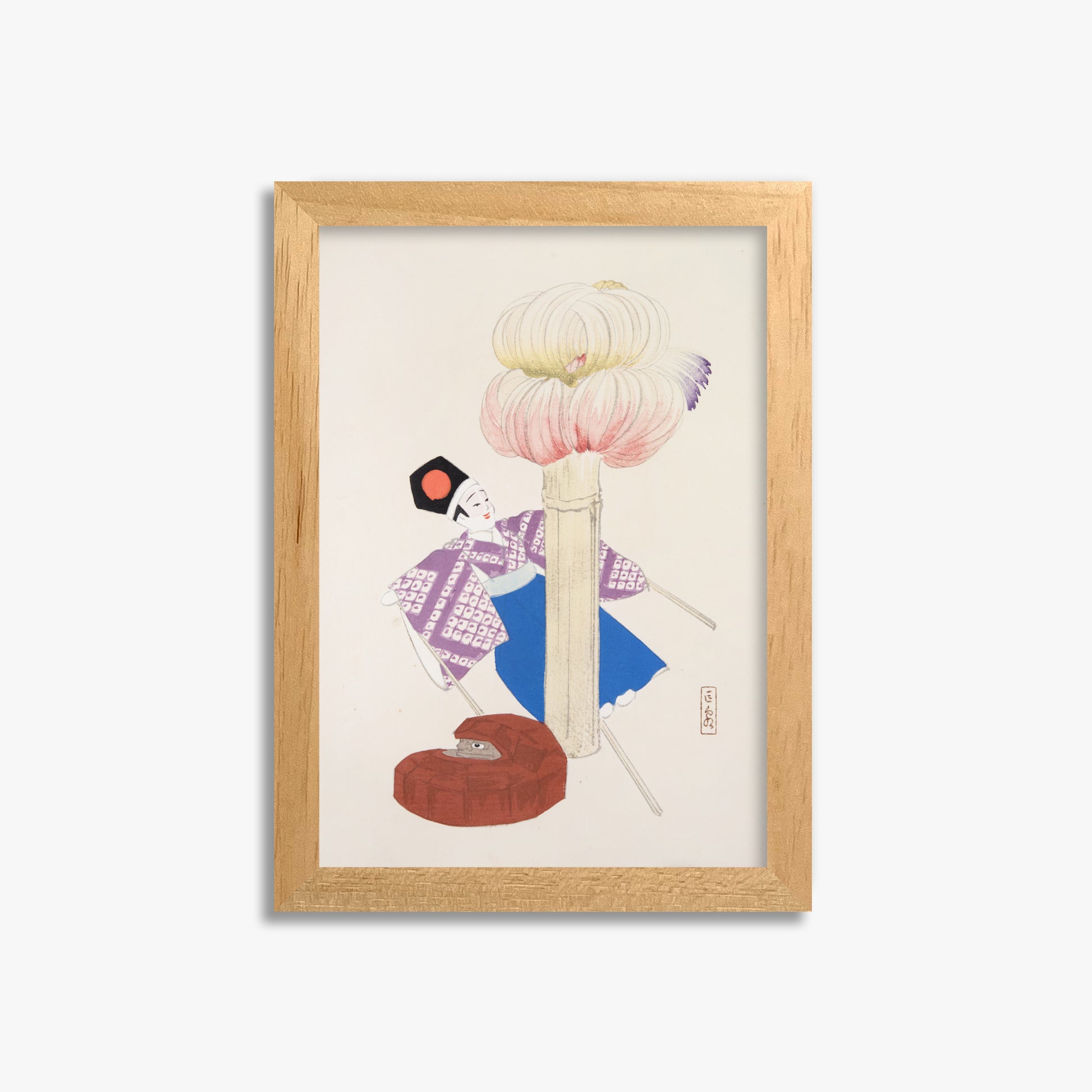 Kawasaki Kyosen: Kyosen’s Collected Illustrations of Japanese Toys Nr. 86 ("Kabuki Bloom"), 21x30cm Framed Art Reproduction With Oak Frame