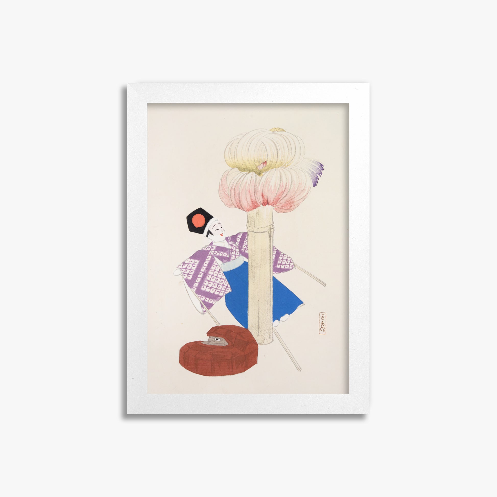 Kawasaki Kyosen: Kyosen’s Collected Illustrations of Japanese Toys Nr. 86 ("Kabuki Bloom"), 21x30cm Framed Art Reproduction With White Frame