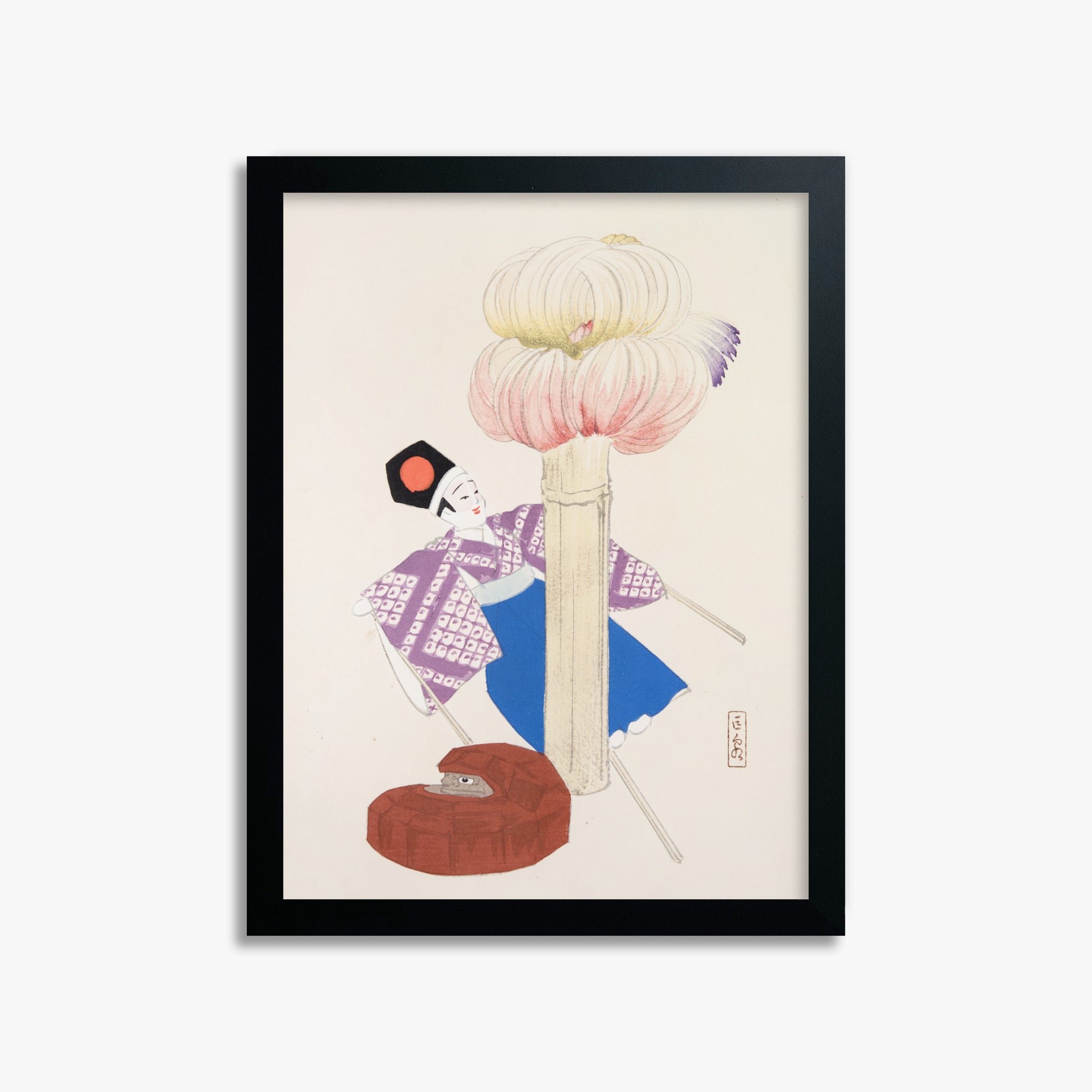 Kawasaki Kyosen: Kyosen’s Collected Illustrations of Japanese Toys Nr. 86 ("Kabuki Bloom"), 30x40cm Framed Art Reproduction With Black Frame