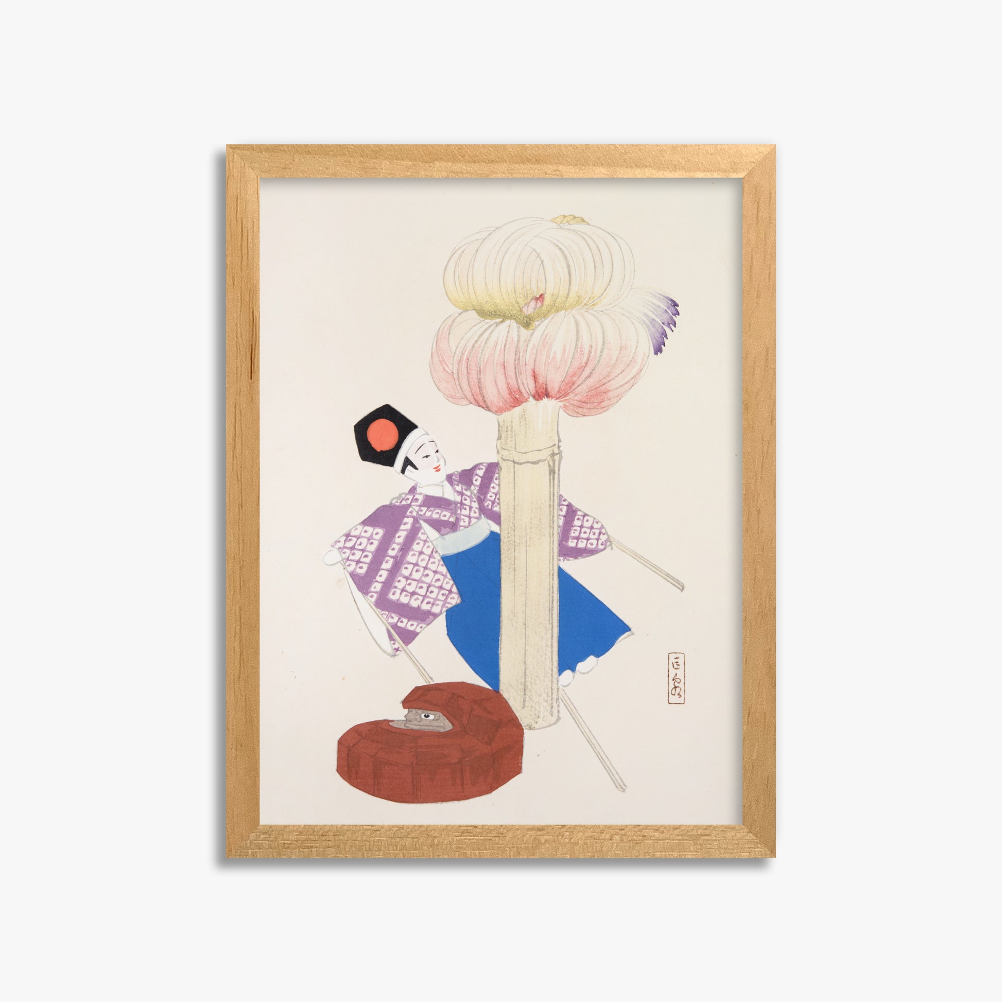 Kawasaki Kyosen: Kyosen’s Collected Illustrations of Japanese Toys Nr. 86 ("Kabuki Bloom"), 30x40cm Framed Art Reproduction With Oak Frame