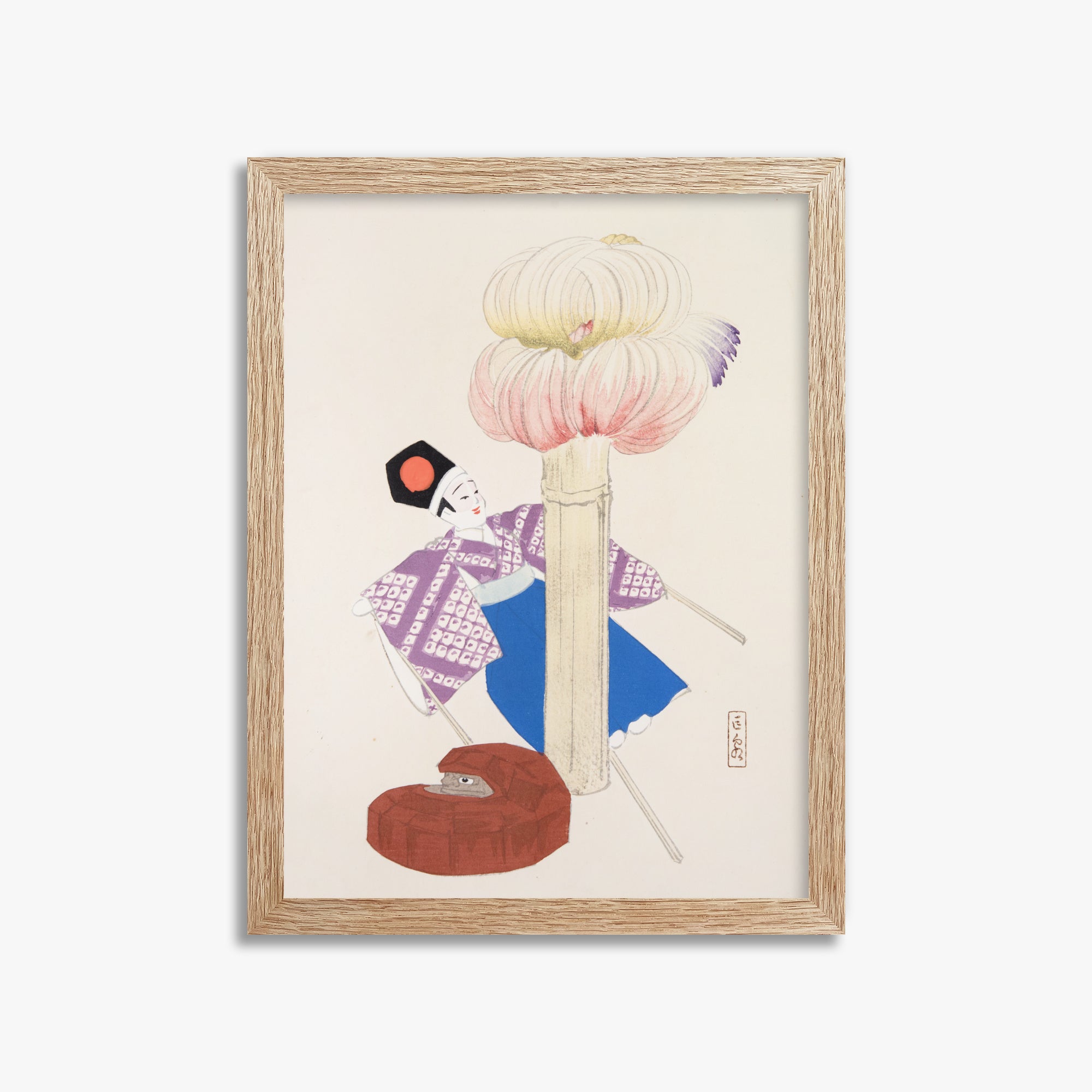 Kawasaki Kyosen: Kyosen’s Collected Illustrations of Japanese Toys Nr. 86 ("Kabuki Bloom"), 30x40cm Framed Art Reproduction With Raw Oak Frame