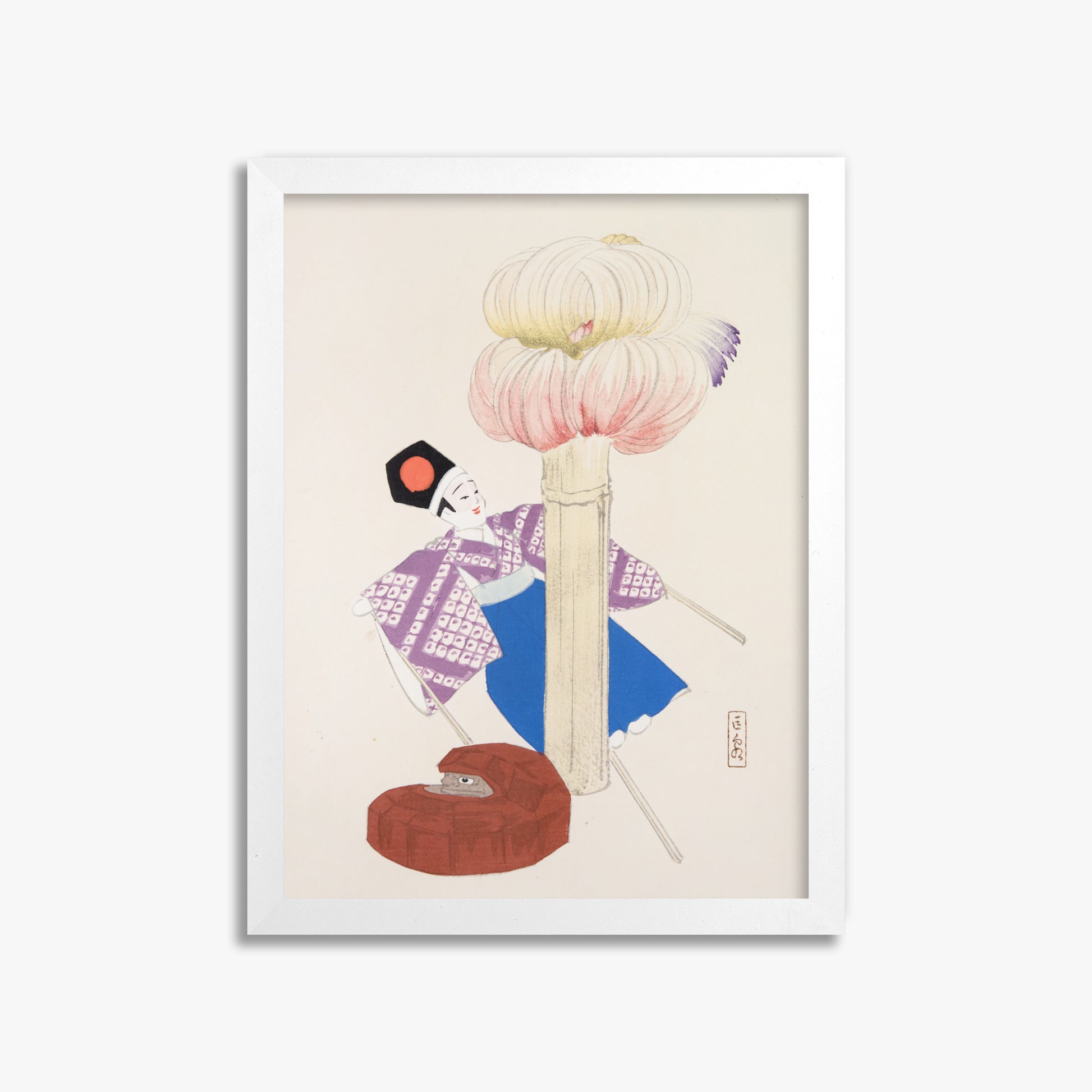 Kawasaki Kyosen: Kyosen’s Collected Illustrations of Japanese Toys Nr. 86 ("Kabuki Bloom"), 30x40cm Framed Art Reproduction With White Frame