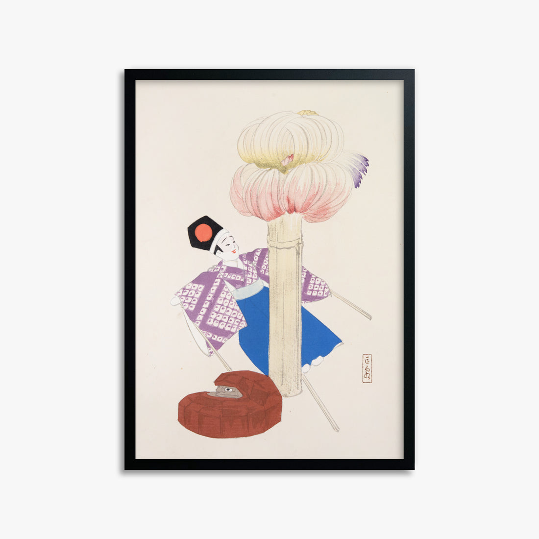 Kawasaki Kyosen: Kyosen’s Collected Illustrations of Japanese Toys Nr. 86 ("Kabuki Bloom"), 50x70cm Framed Art Reproduction With Black Frame