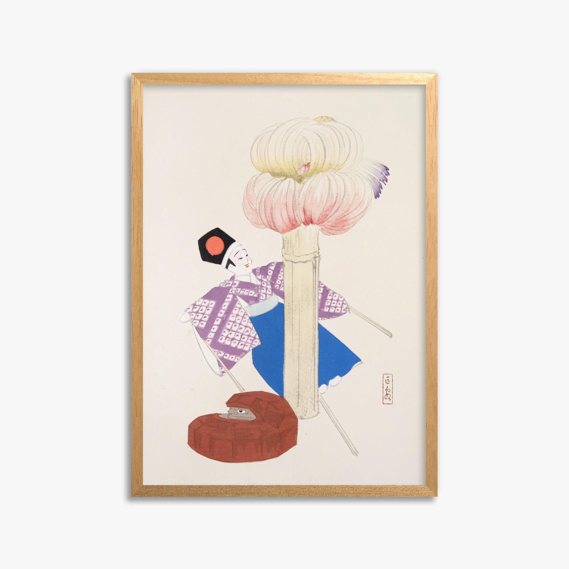 Kawasaki Kyosen: Kyosen’s Collected Illustrations of Japanese Toys Nr. 86 ("Kabuki Bloom"), 50x70cm Framed Art Reproduction With Oak Frame